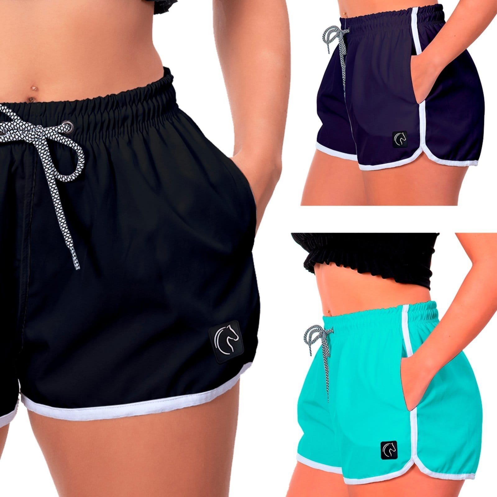 Kit 3 Shorts Feminino Premium Secagem Rápida com Elástico Cordão Ajustável e Bolsos Moda Praia Casual ou Treino Academia Preto Marinho e