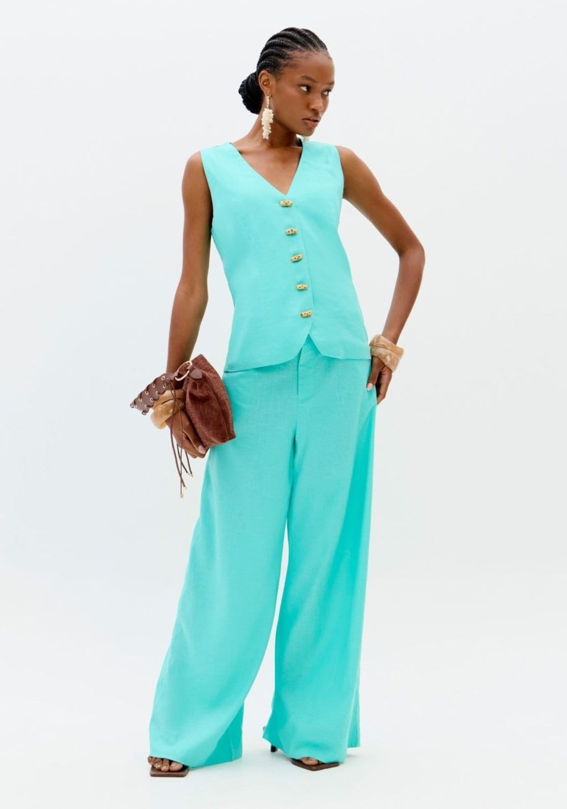 Calça Wide Leg Cintura Alta Com Linho