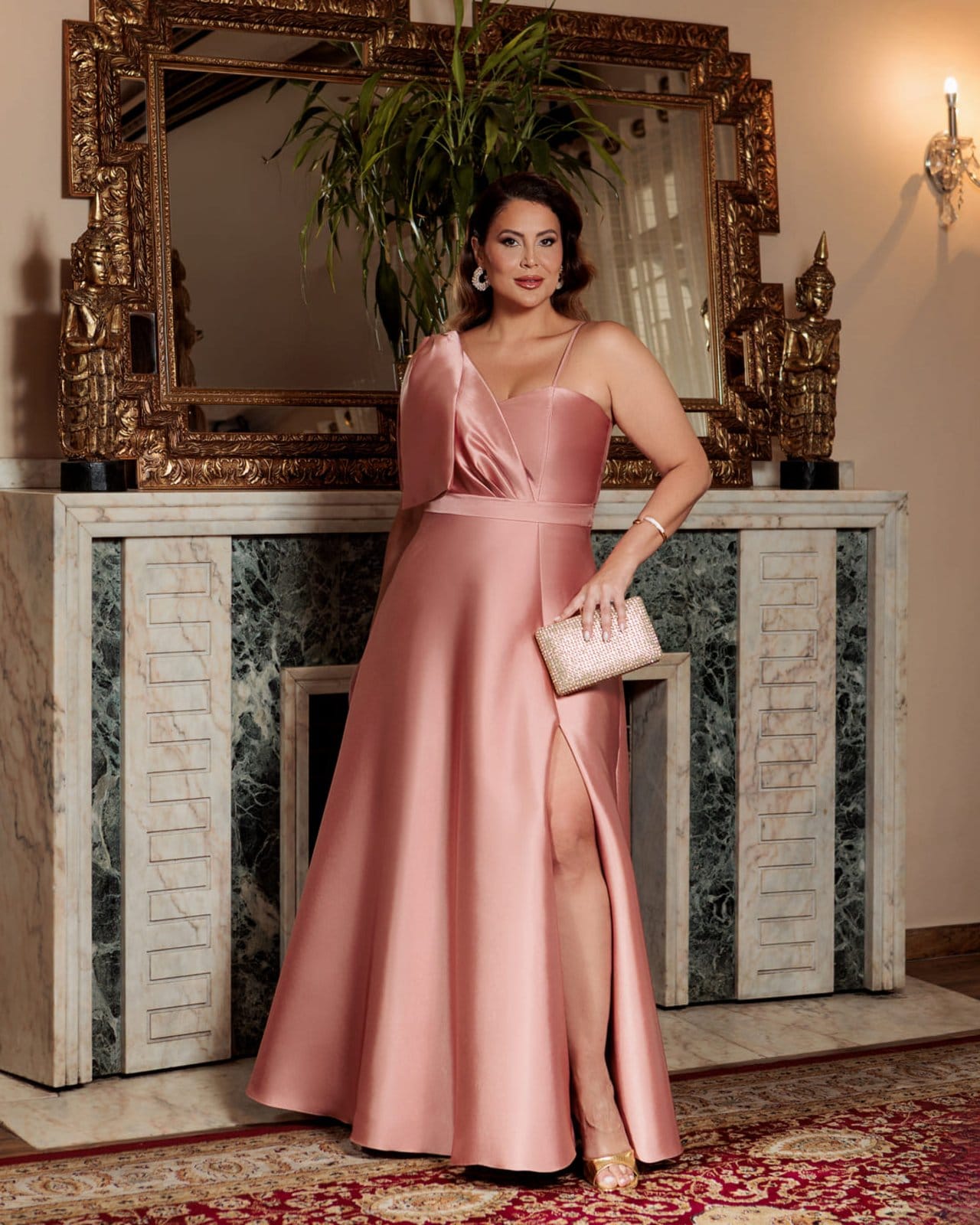 Vestido Longo de Festa Madrinhas Plus Size Curvy Zibeline com Fenda Damassy Rosê