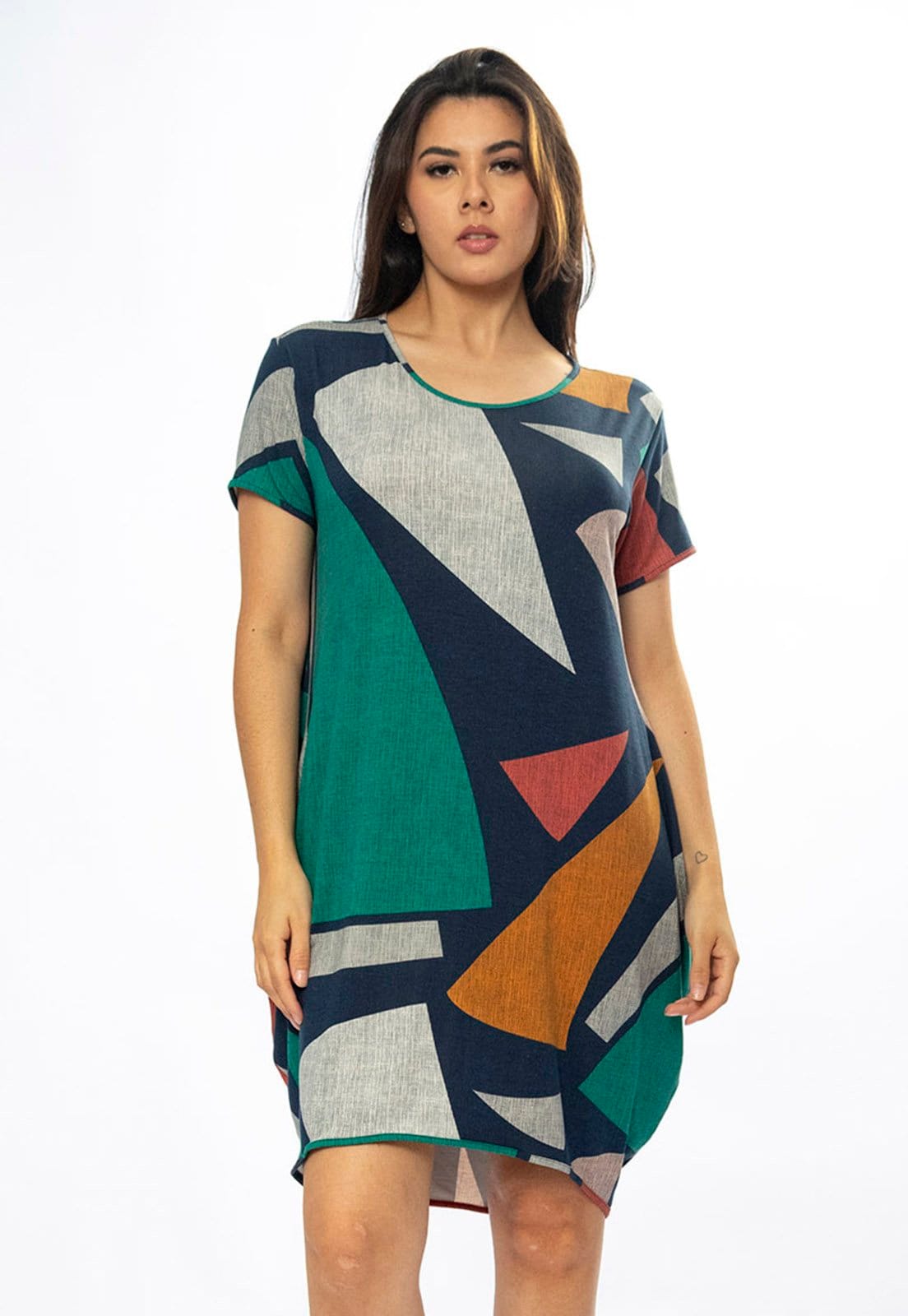 Vista 2 Vestido Curto Amazônia Vital Malha Amplo Always Estampa Geometrias do Tempo Amazonia Vital azul marinho/estampado/laranja/verde