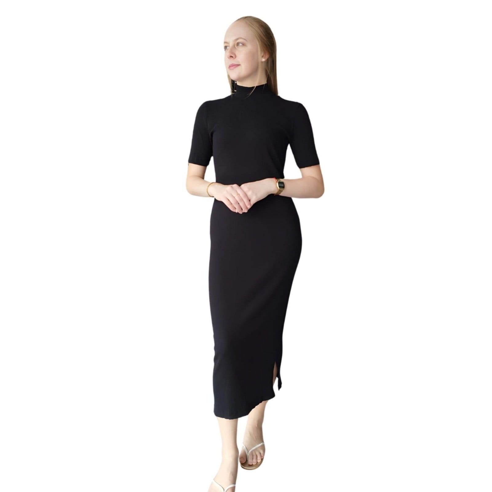 Vestido Midi Canelado Gola Alta