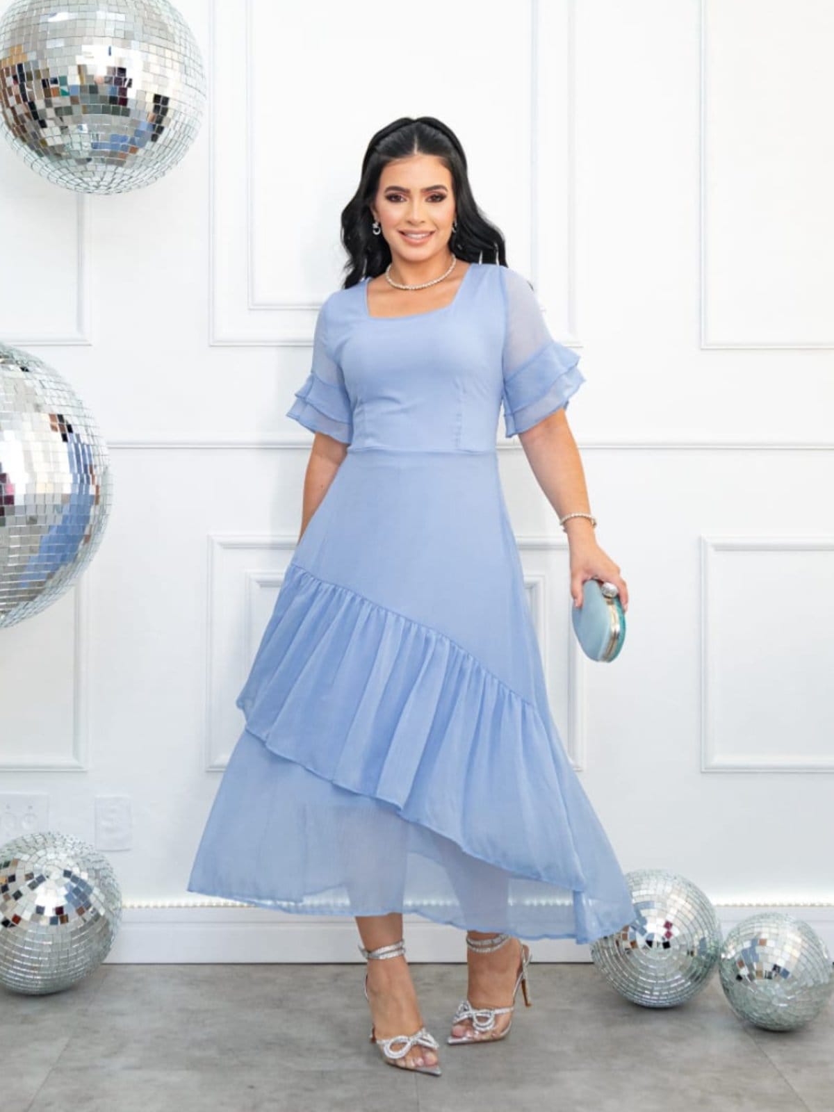 Vestido de Festa Casamento Social Midi com Babado e Elástico Verão