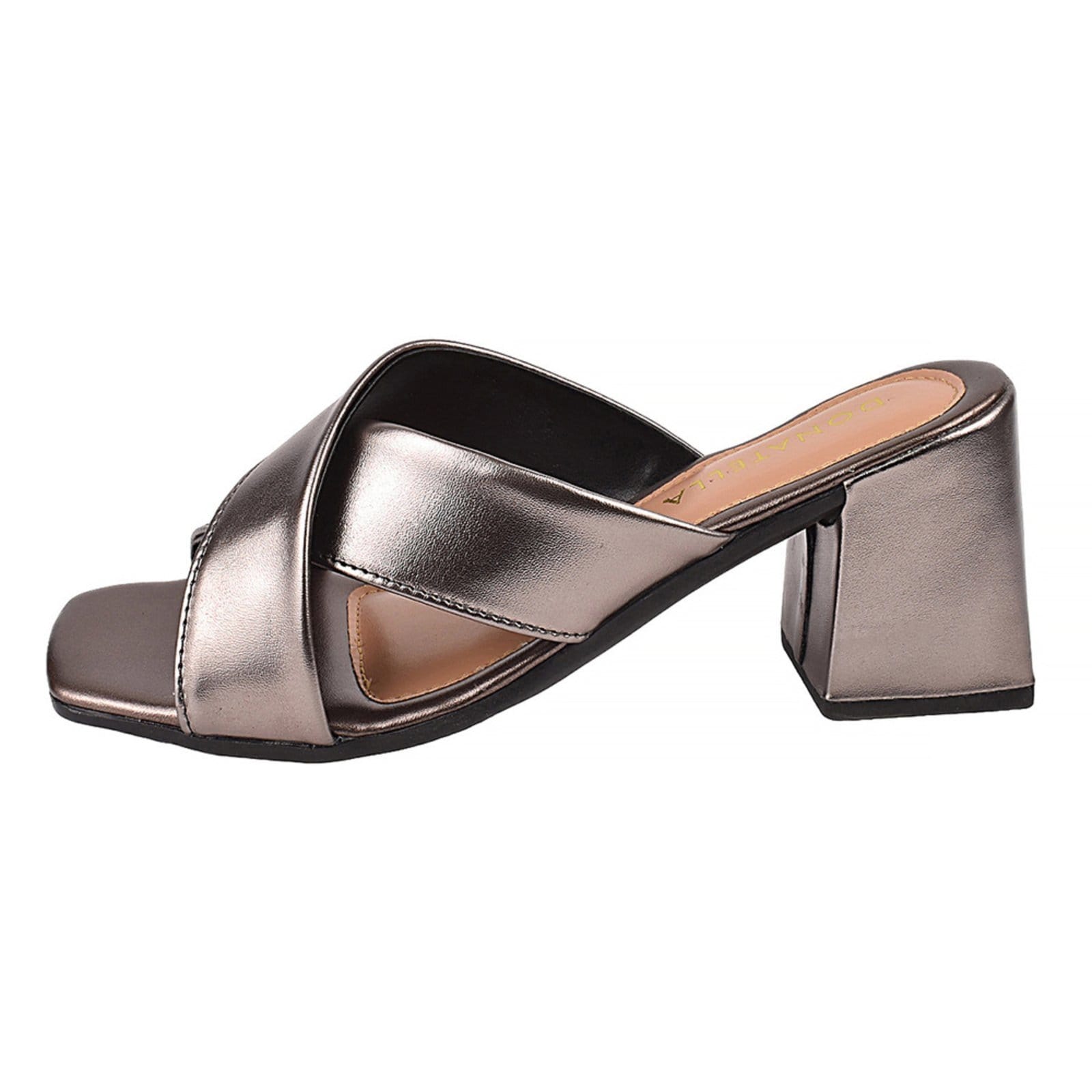 Vista 2 Sandália Feminina Tamanco Donatella Shoes Bico Quadrado Salto Alto Cruzada Metalizada Monte Shoes prata velho