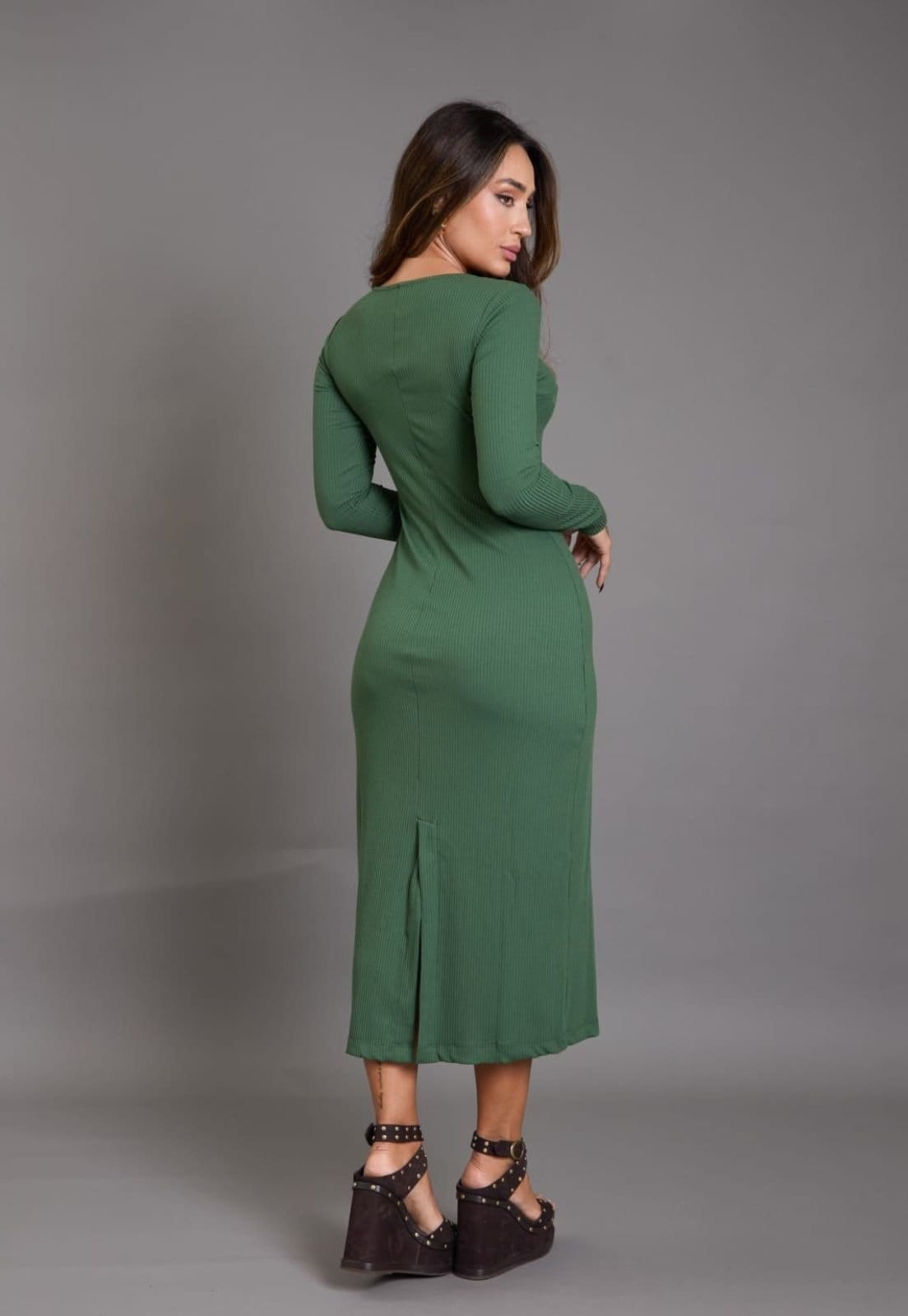 Vista 2 Vestido Midi Canelado Manga Longa com Fenda Lemier Collection LEMIER verde