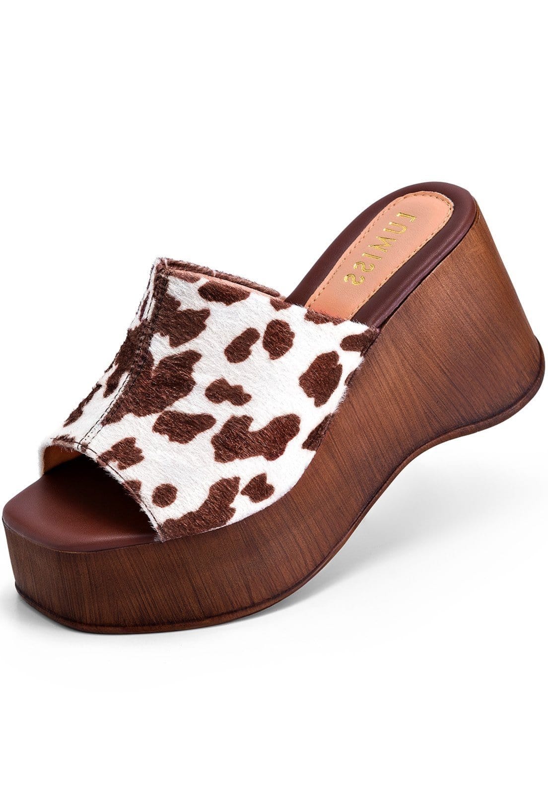 Sandália Feminina Lumiss Tamanco Anabela Plataforma Madeira Estampa Animal Print Vaca