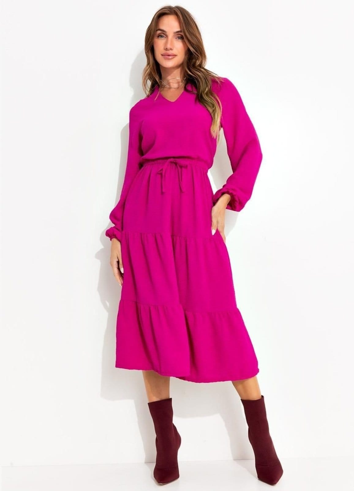 Vestido Crepe Plano Fúcsia Colorido