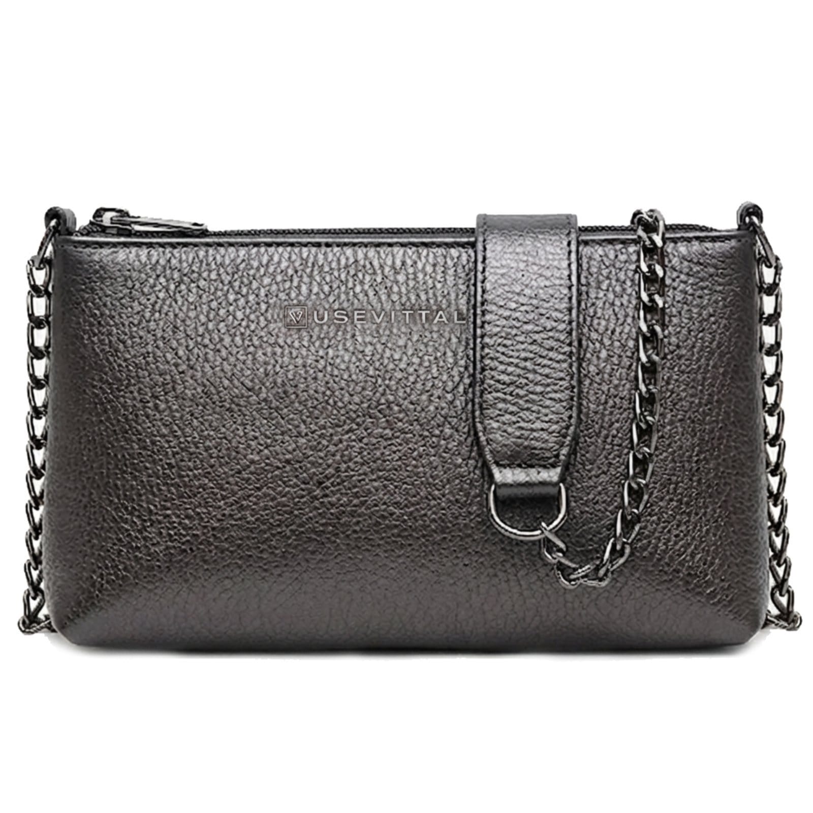 Vista 2 Bolsa Feminina Vittal Clutch Annelise em Couro Onix Alça Corrente USE VITTAL grafite
