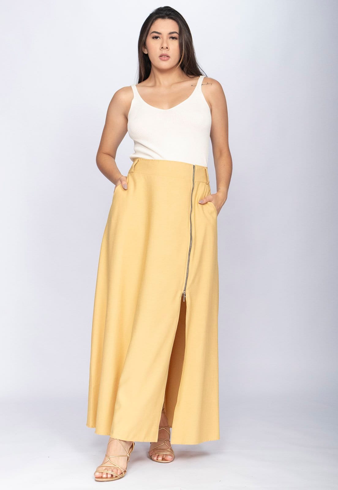 Vista 2 Saia Amazônia Vital Midi com Zíper Dijon Amazonia Vital amarelo