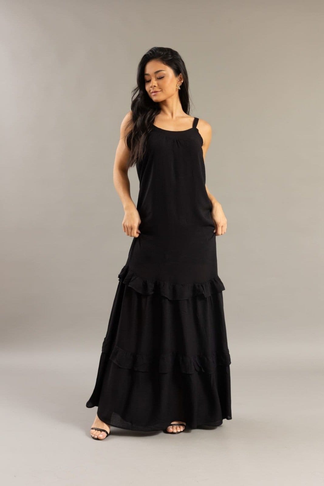 Vestido Longo Feminino com Babado Alça Fina Lemier Collection