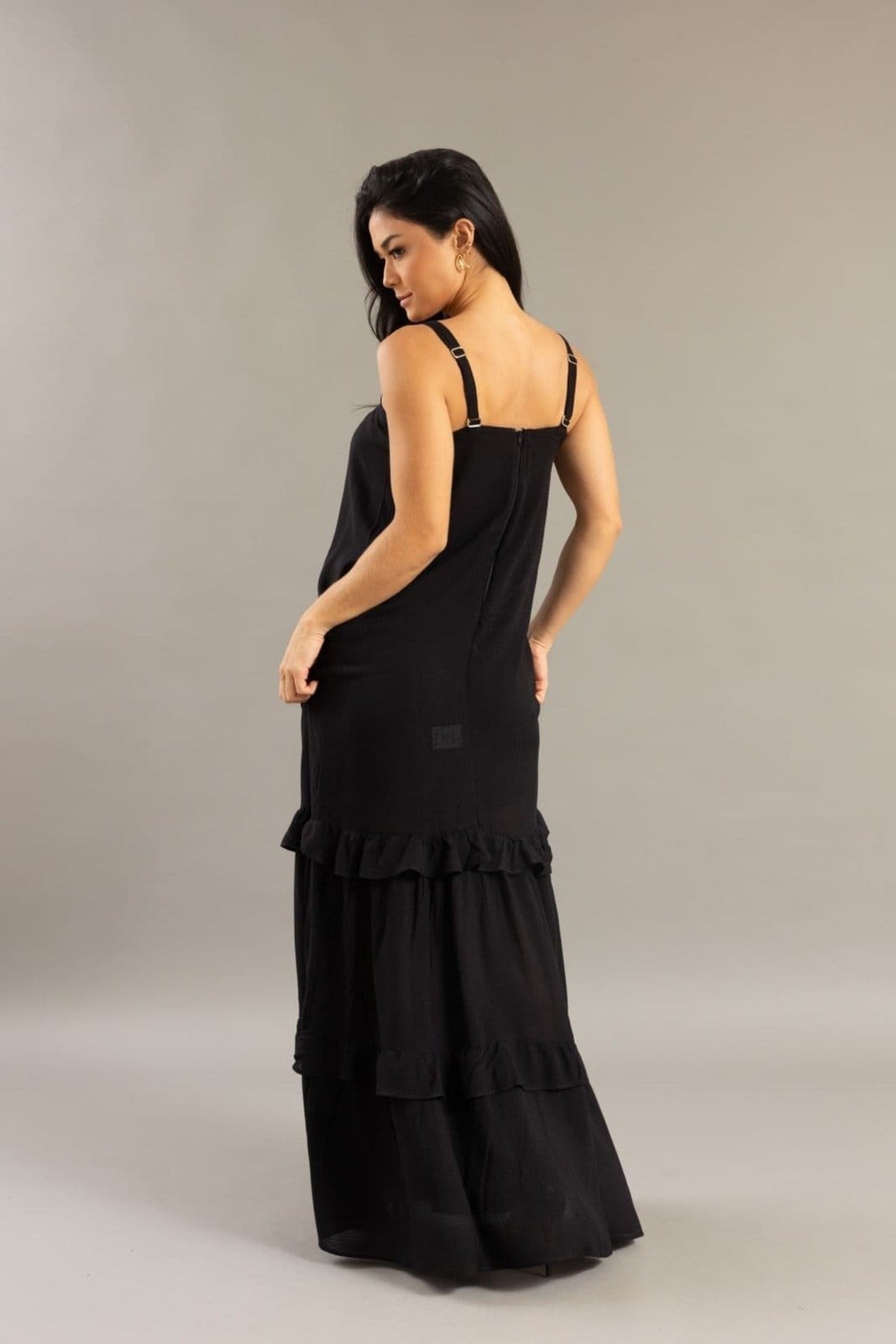 Vista 2 Vestido Longo Feminino com Babado Alça Fina Lemier Collection LEMIER preto