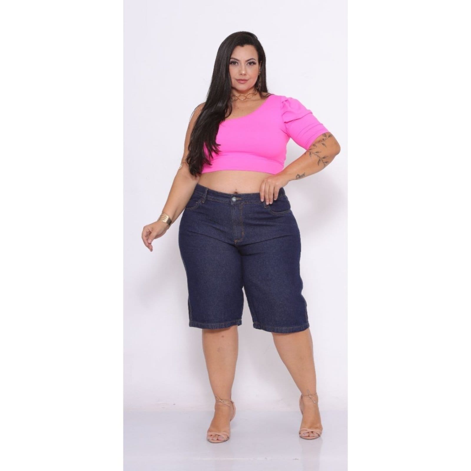 Short Bermuda Feminina Plus Size Jeans Escuro Tamanho Grande