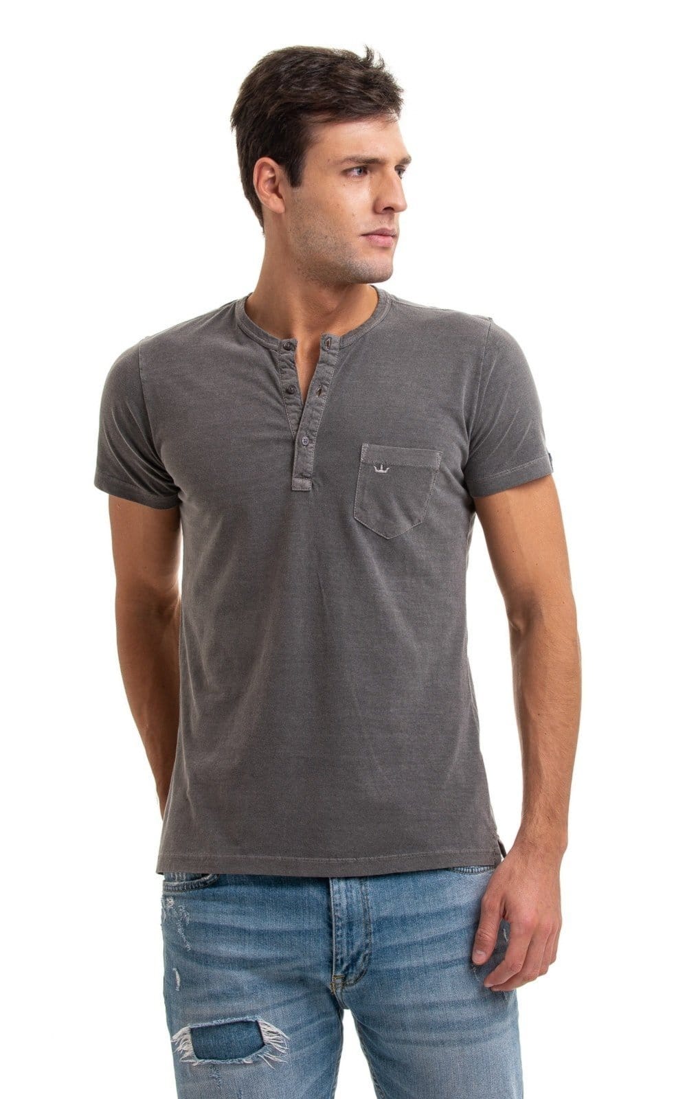 Vista 2 Camiseta Henley Aburguesia Slim Fit Grafite Alfaiataria Burguesia cinza