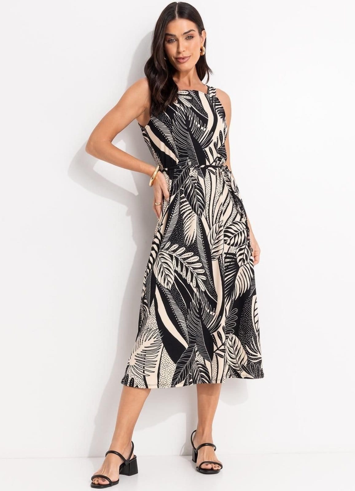 Vestido Em Canelado Folhagem