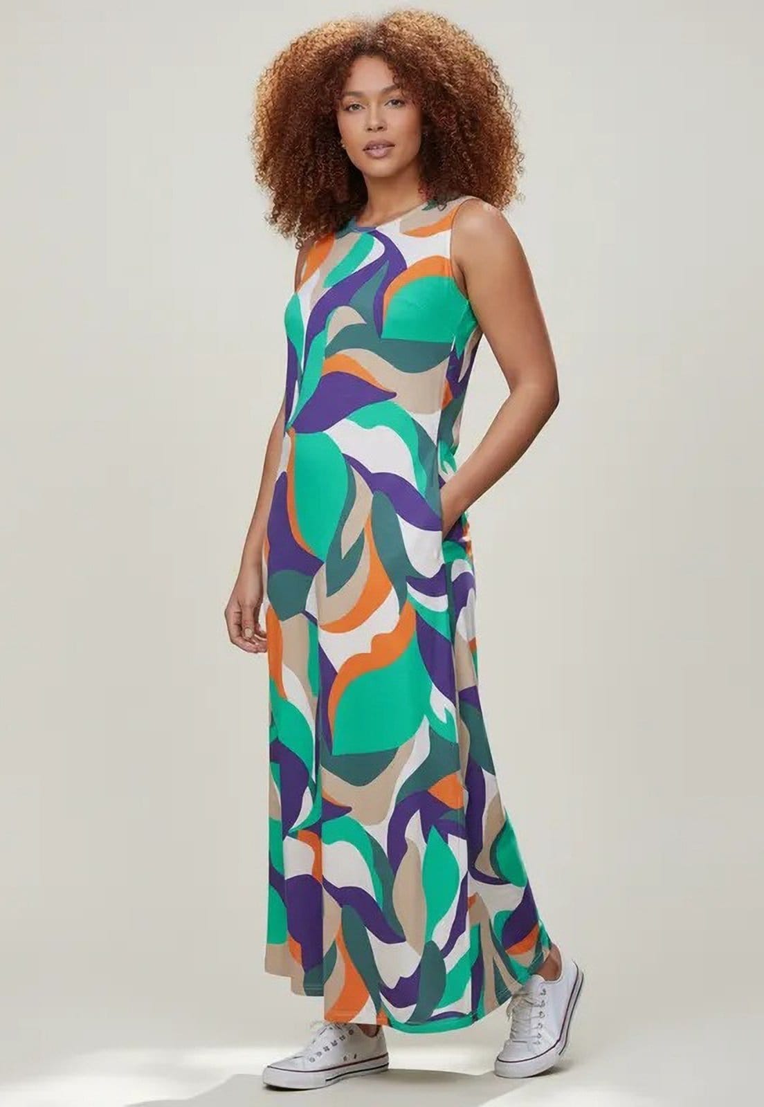 Vista 2 Vestido CabanaFree Longo Plano com Bolso Estampa Brisa do Mar Cabanafree estampado