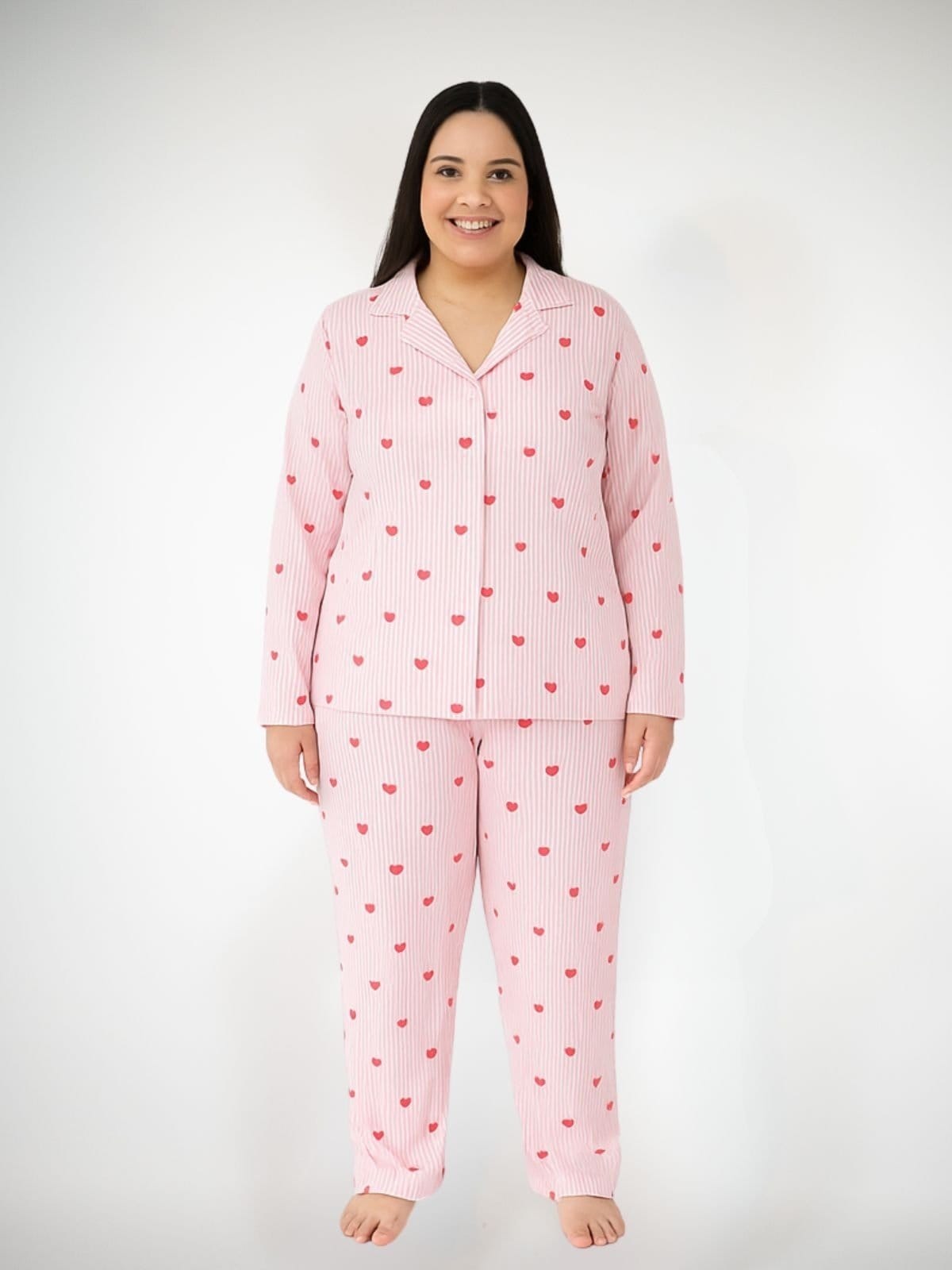 Pijama Algodão Plus Size Americano Longo Amanda - Listrado Corações Vermelho