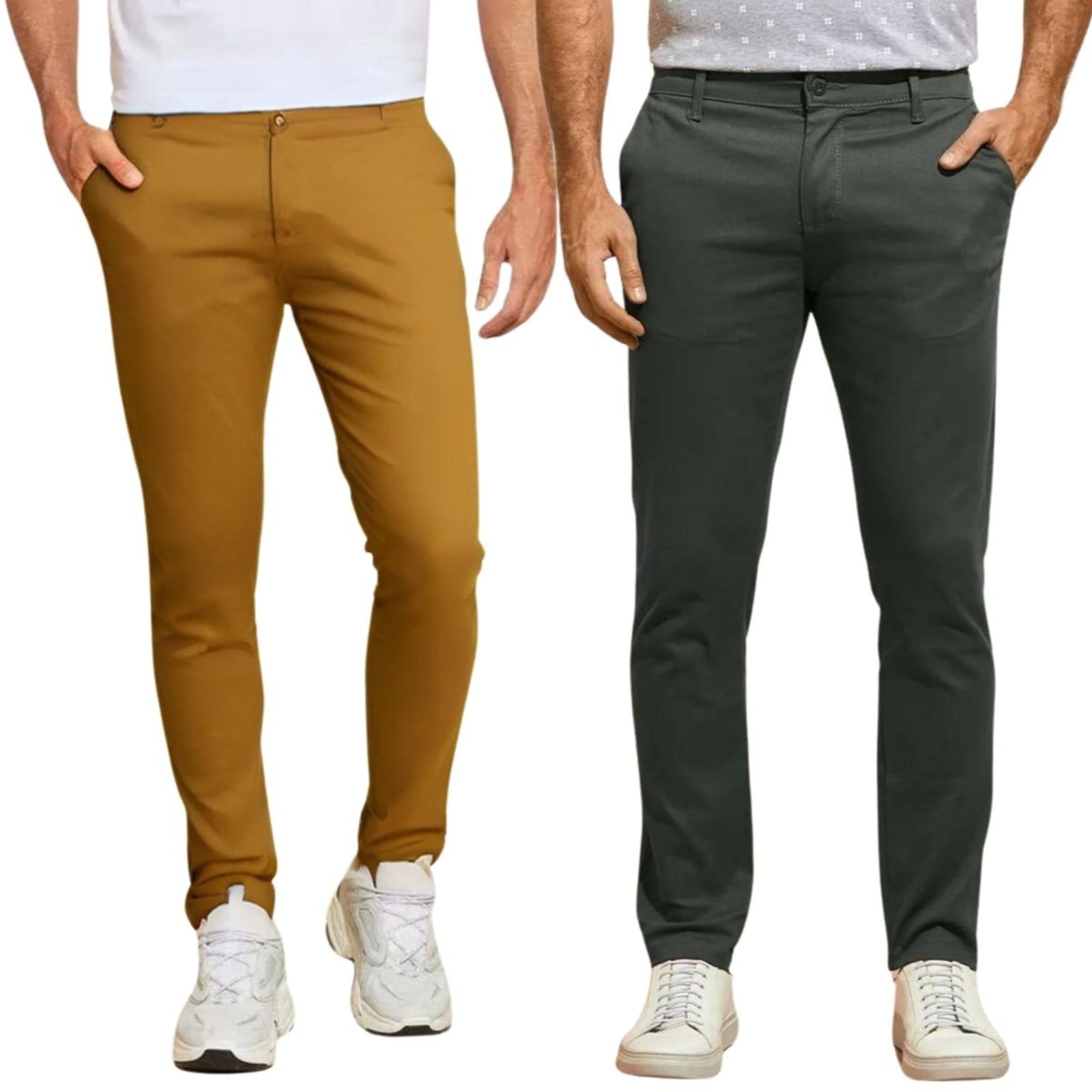 Kit 2 Calças FMF de Sarja Chino Com Bolso Traseiro Embutido Alfaiataria Skinny Cinza e