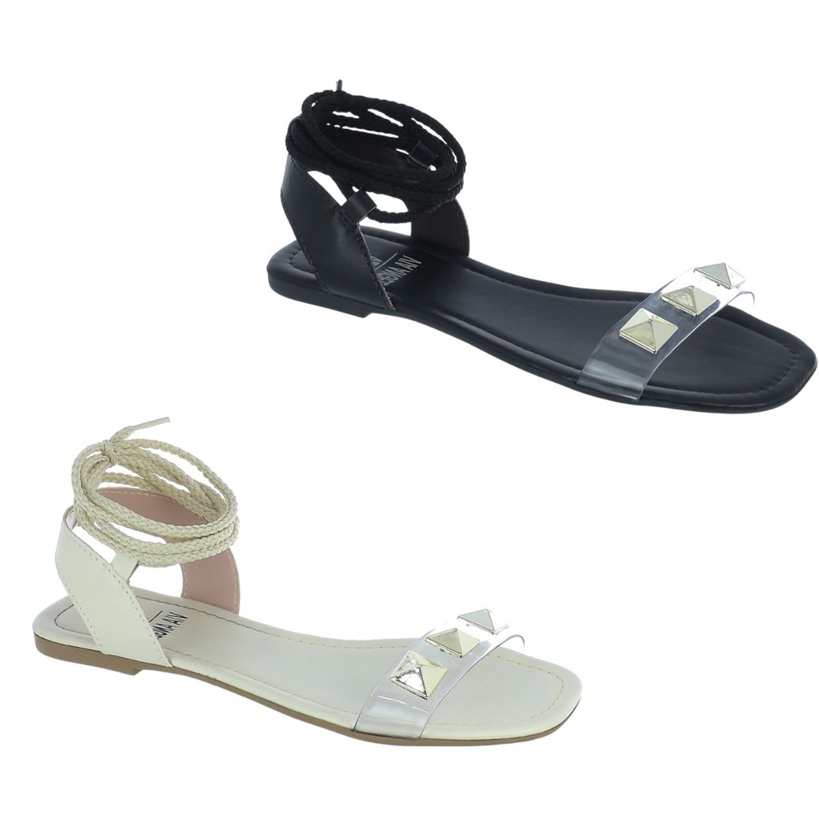 Kit 2 Sandália Rasteira Feminina Amarração Transparente Via Angel 5501 Preto e Off