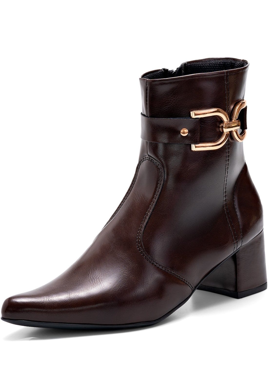 Bota Feminina Lumiss Bico Fino Salto Bloco Médio Cano Curto Fivela Dourada