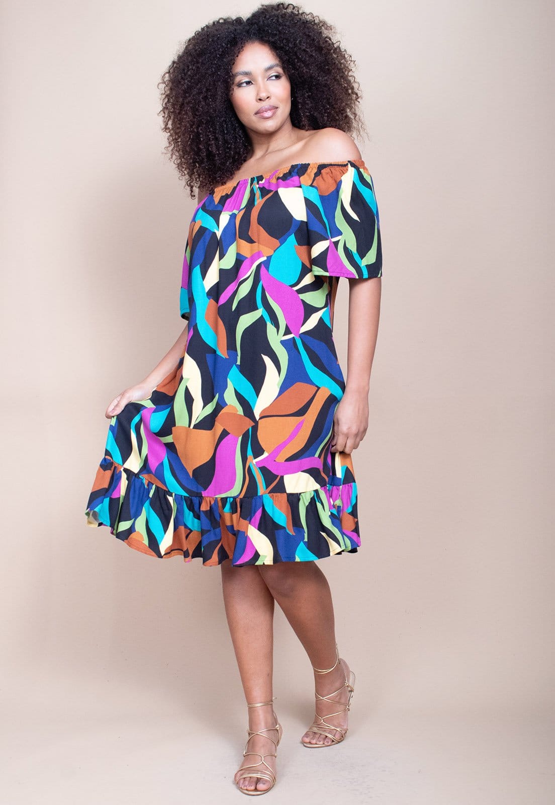 Vestido Curto Cabafree Mullet Ombro a Ombro Estampa Aurora Urbana