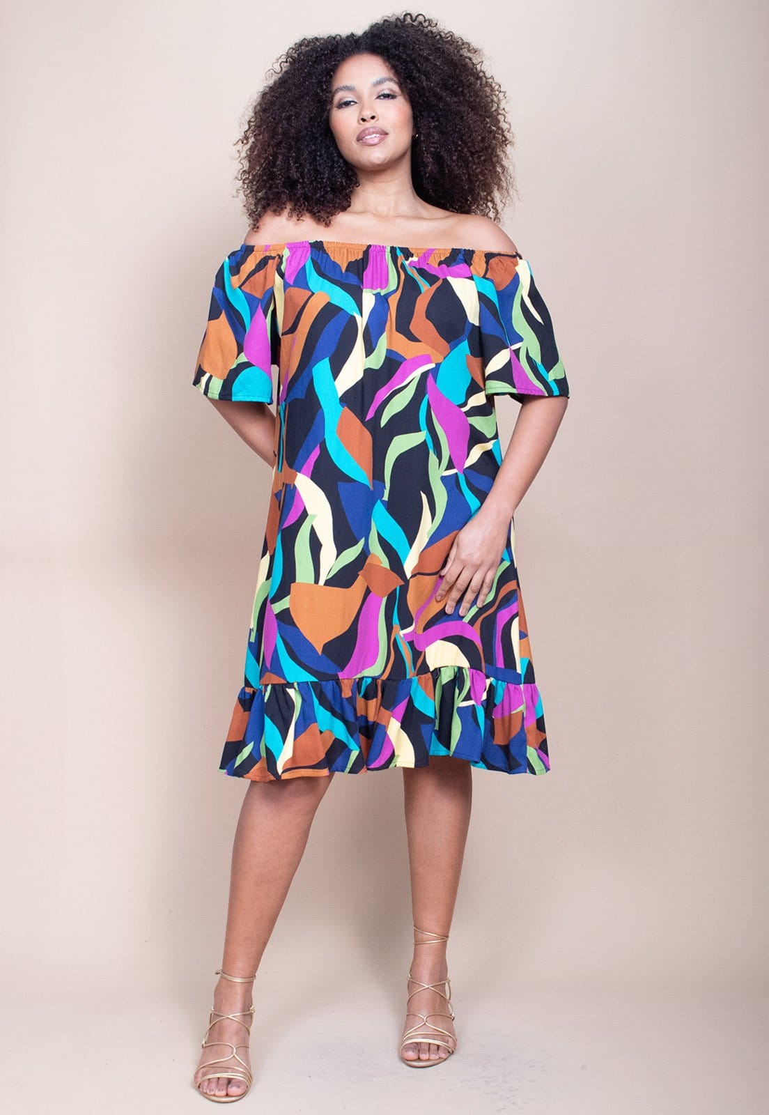 Vista 2 Vestido Curto Cabafree Mullet Ombro a Ombro Estampa Aurora Urbana Cabanafree azul/estampado/marrom/roxo