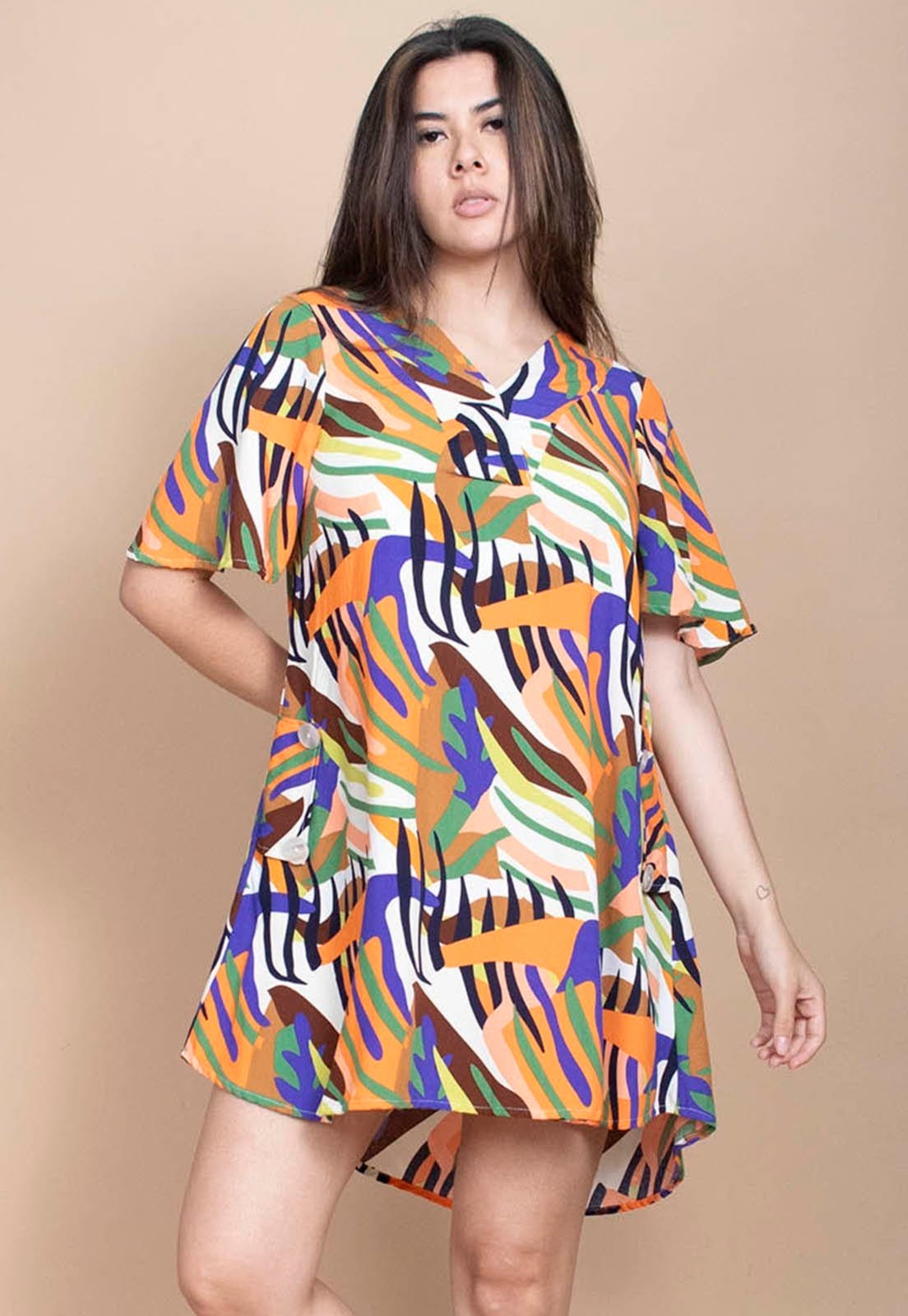 Vista 2 Vestido Cabanafree Curto Pataxô Viscose Mullet Decote V Estampa Cores Vibrante Cabanafree azul/estampado/laranja/preto