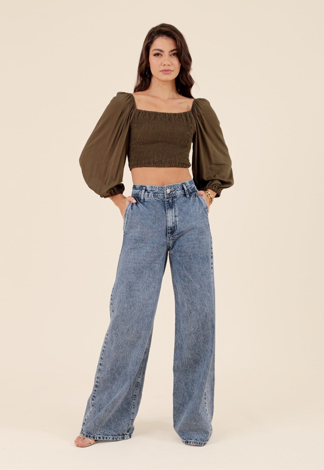 Calça Pop Me Wide Leg Jeans Bolso-Faca Claro