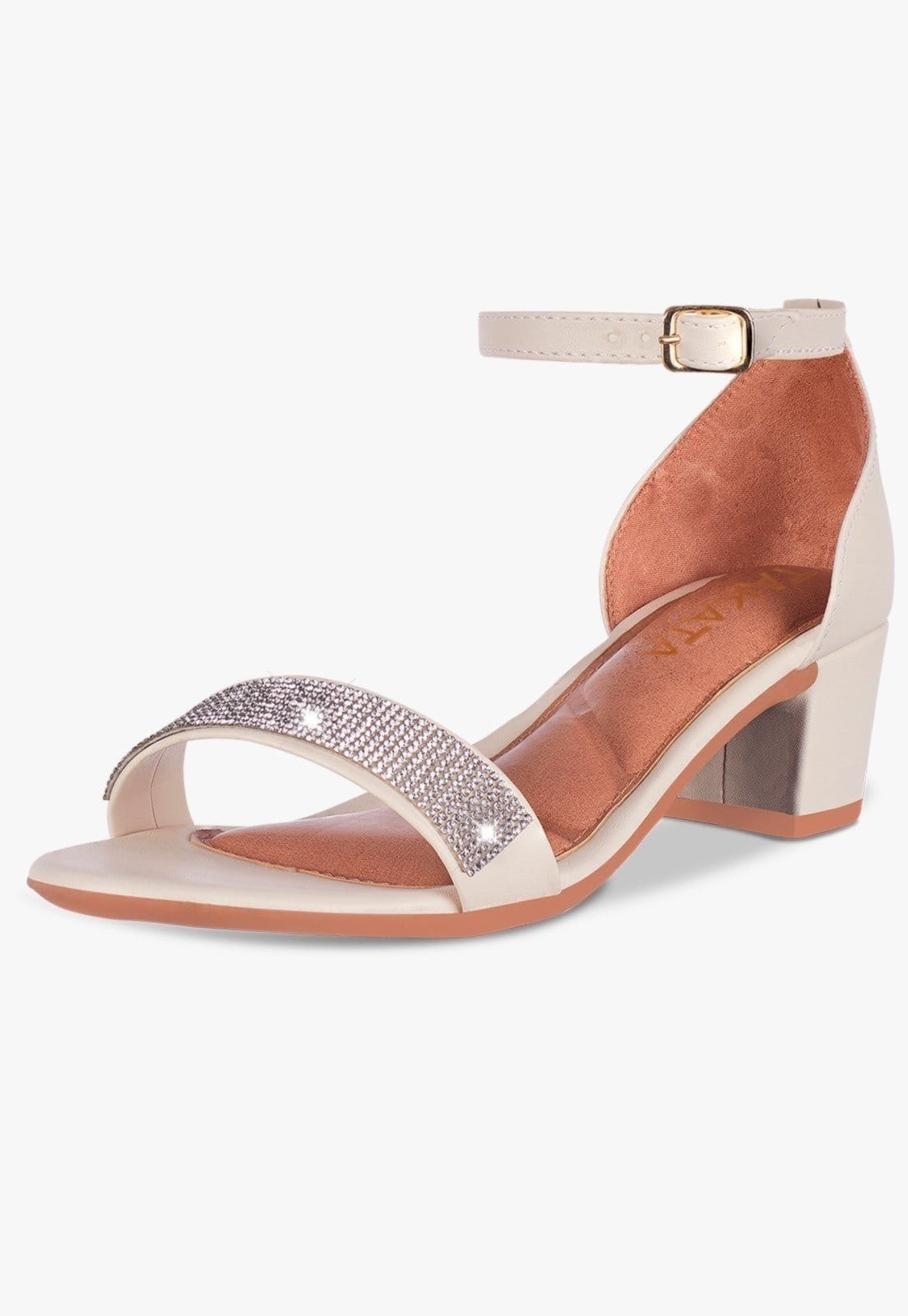 Sandália Feminina Salto Quadrado Bloco Baixo Verniz Strass Brilho Offwhite