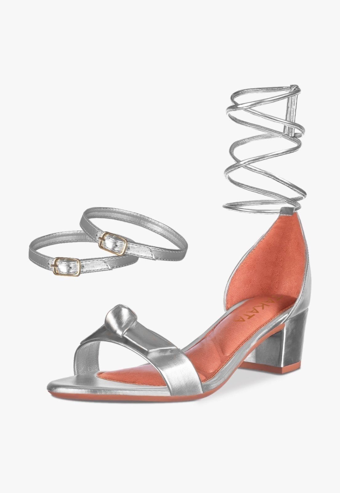 Sandália Feminina Salto Quadrado Grosso Bloco Baixo Tira Laço Nó Metalizado