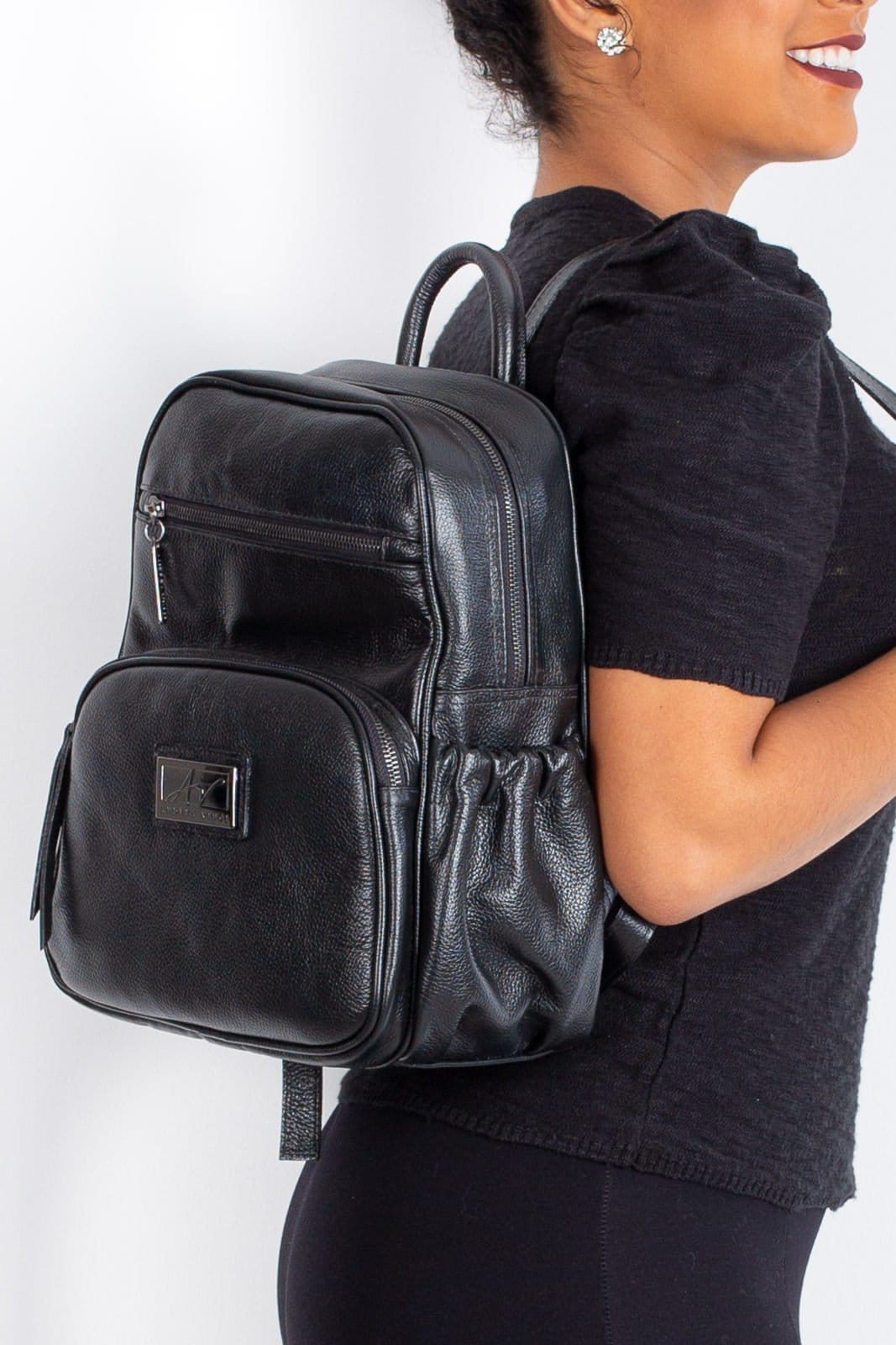 Mochila pequena de couro liso metais grafite Zoey