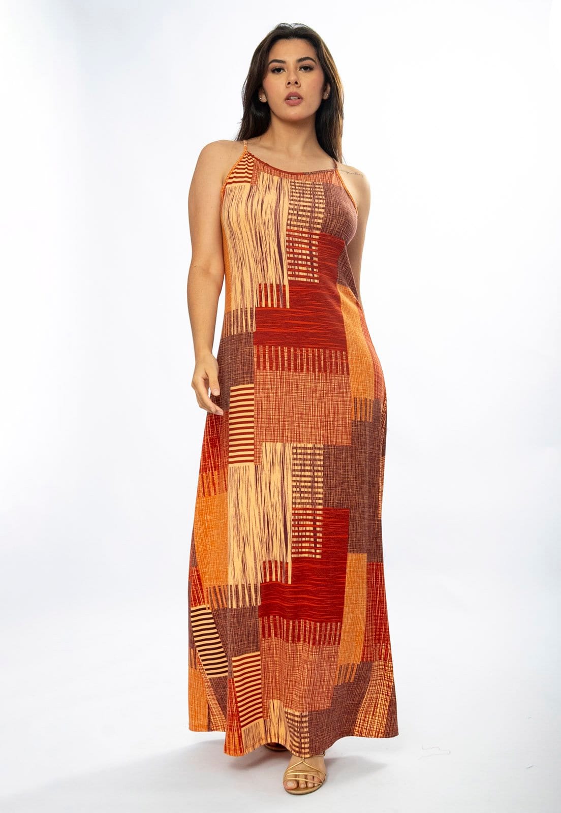 Vista 2 Vestido Longo Amazônia Vital Malha Trapézio Estampa Tramas do Sol Amazonia Vital bege/laranja/marrom/vermelho