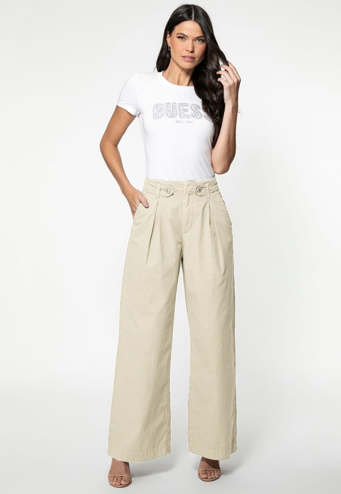 Vista 2 Calça Sarja Guess Wide Leg Botões Bege Guess amarelo