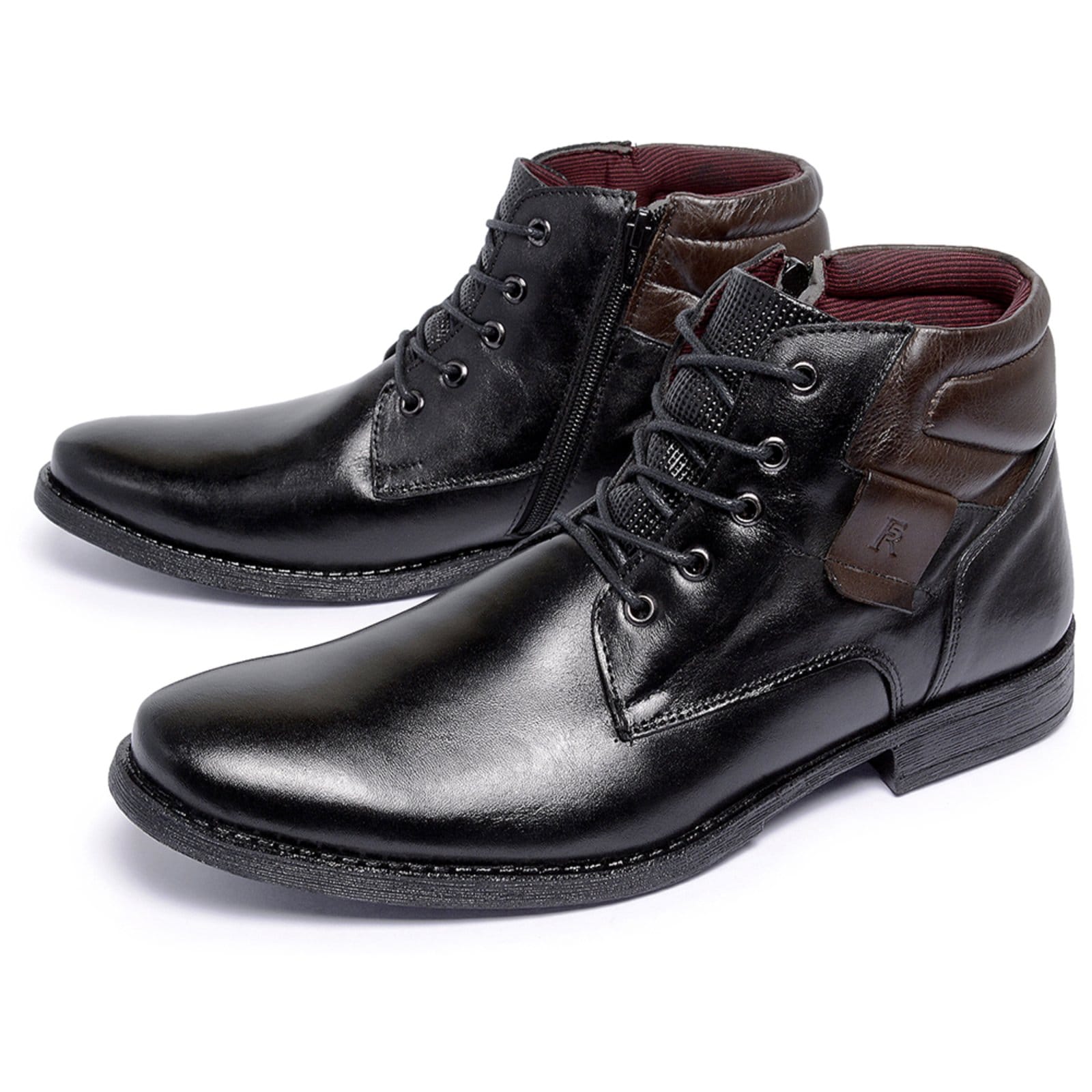 Vista 2 Bota Botina Coturno Ferrile em Couro Bico Redondo Zíper Preta e Marrom Ferrile preto