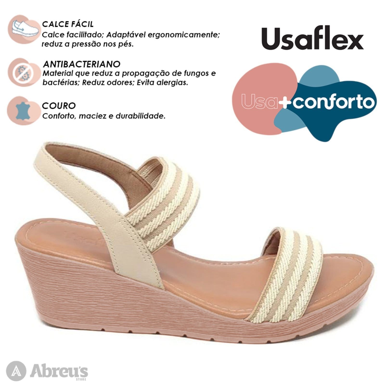 Vista 2 Sandália Usaflex Plataforma Feminina Anabela Tiras Elásticas Usaflex bege