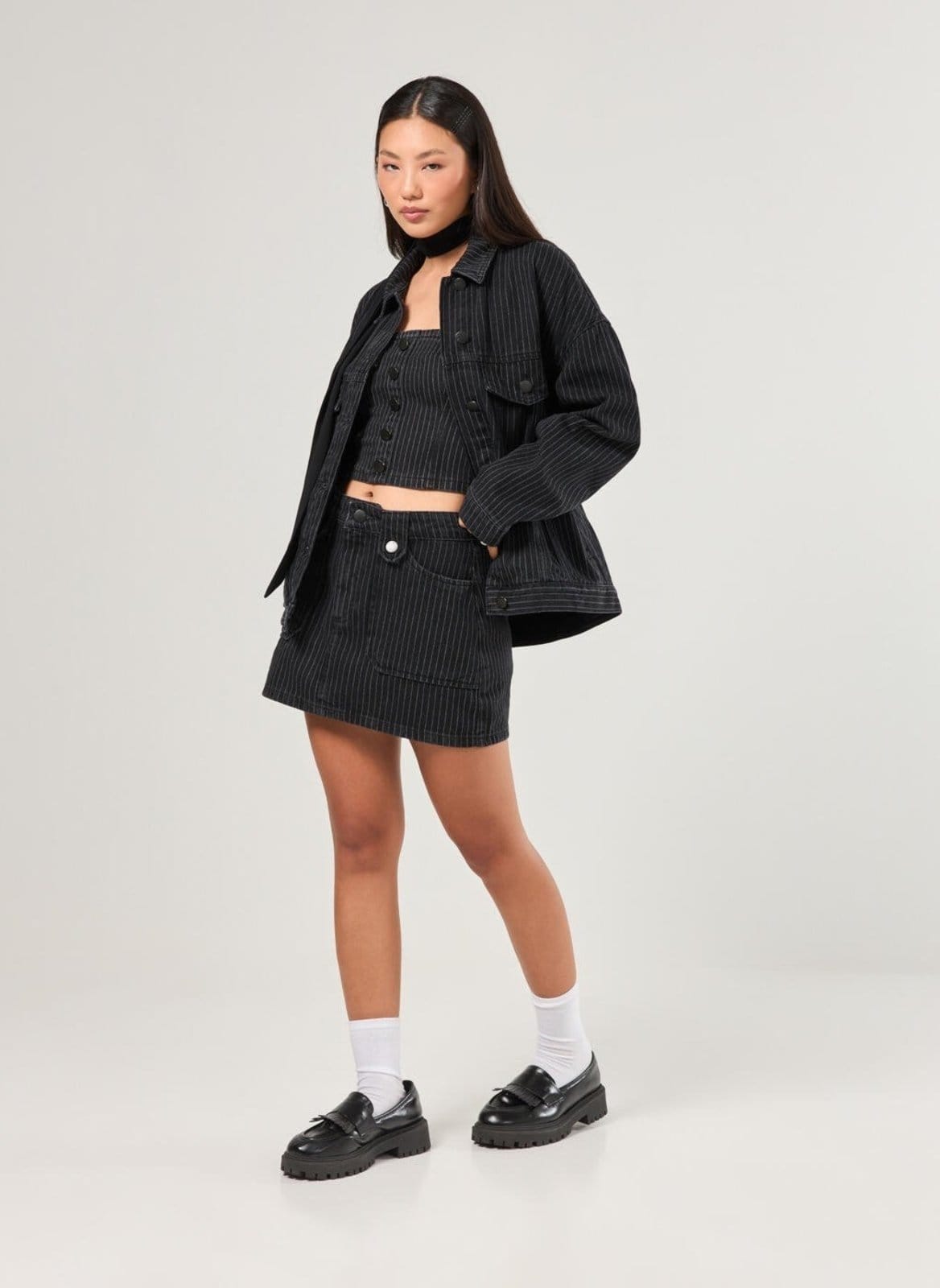 Saia Jeans Preta Risca De Giz