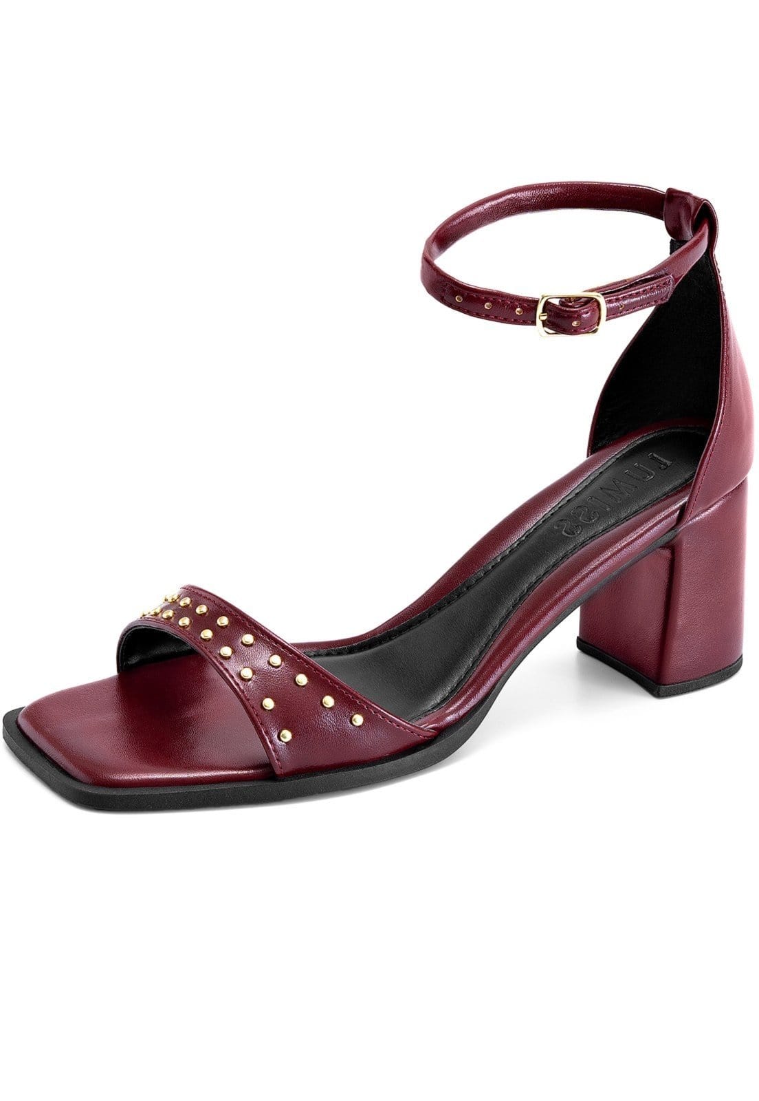 Sandália Feminina Lumiss Salto Baixo Bloco Tachas Dourada Bico Quadrado Marsala