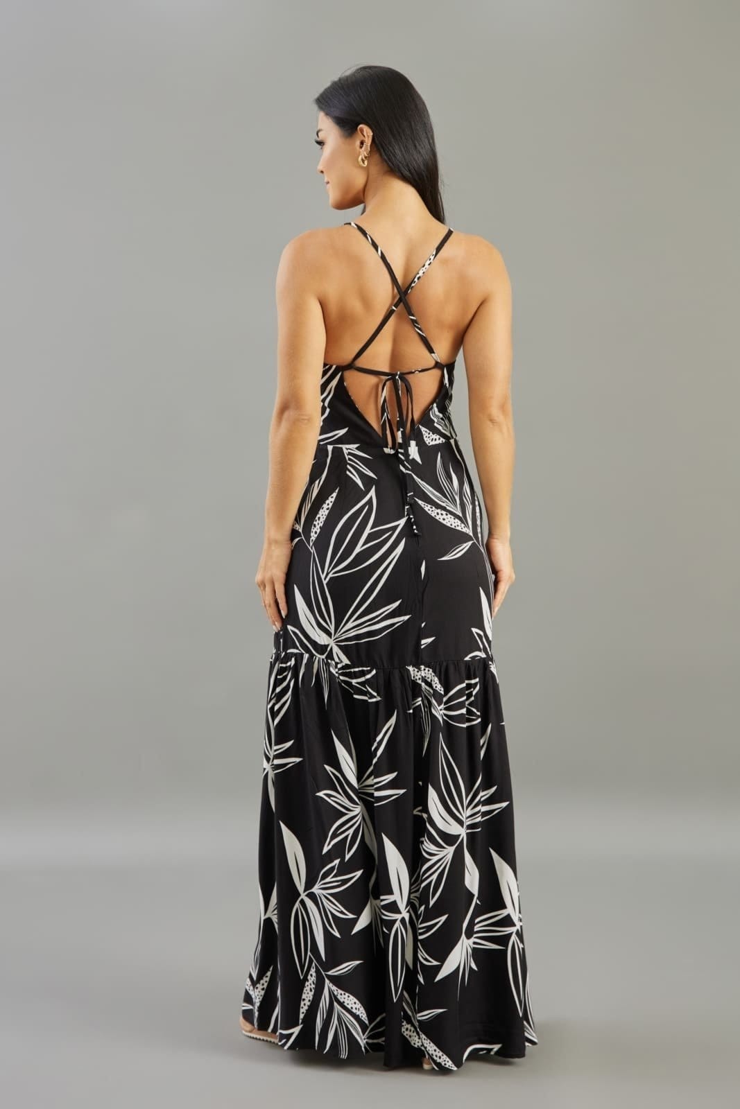 Vista 2 Vestido Longo Floral Com Abertura Feminino Lemier Collection LEMIER azul