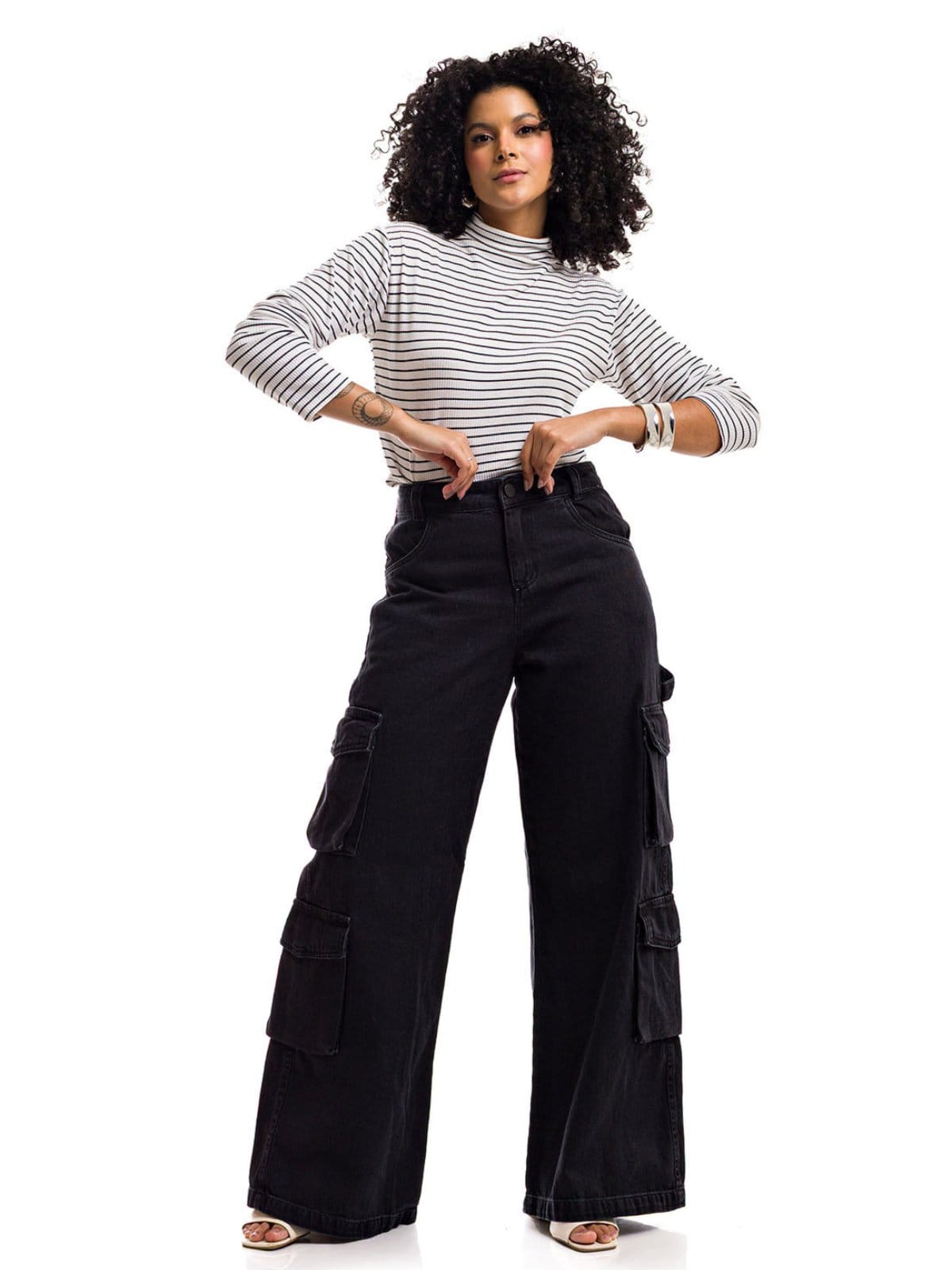 Calça Pantalona Cargo Restrito Jeans Black 8 Bolsos - Preto