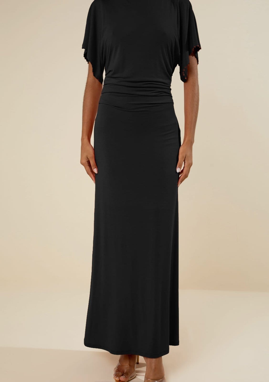 Vista 2 Vestido Morena Rosa Ajustado Decote Canoa Manga Curta Midi Preto Morena Rosa preto rosa