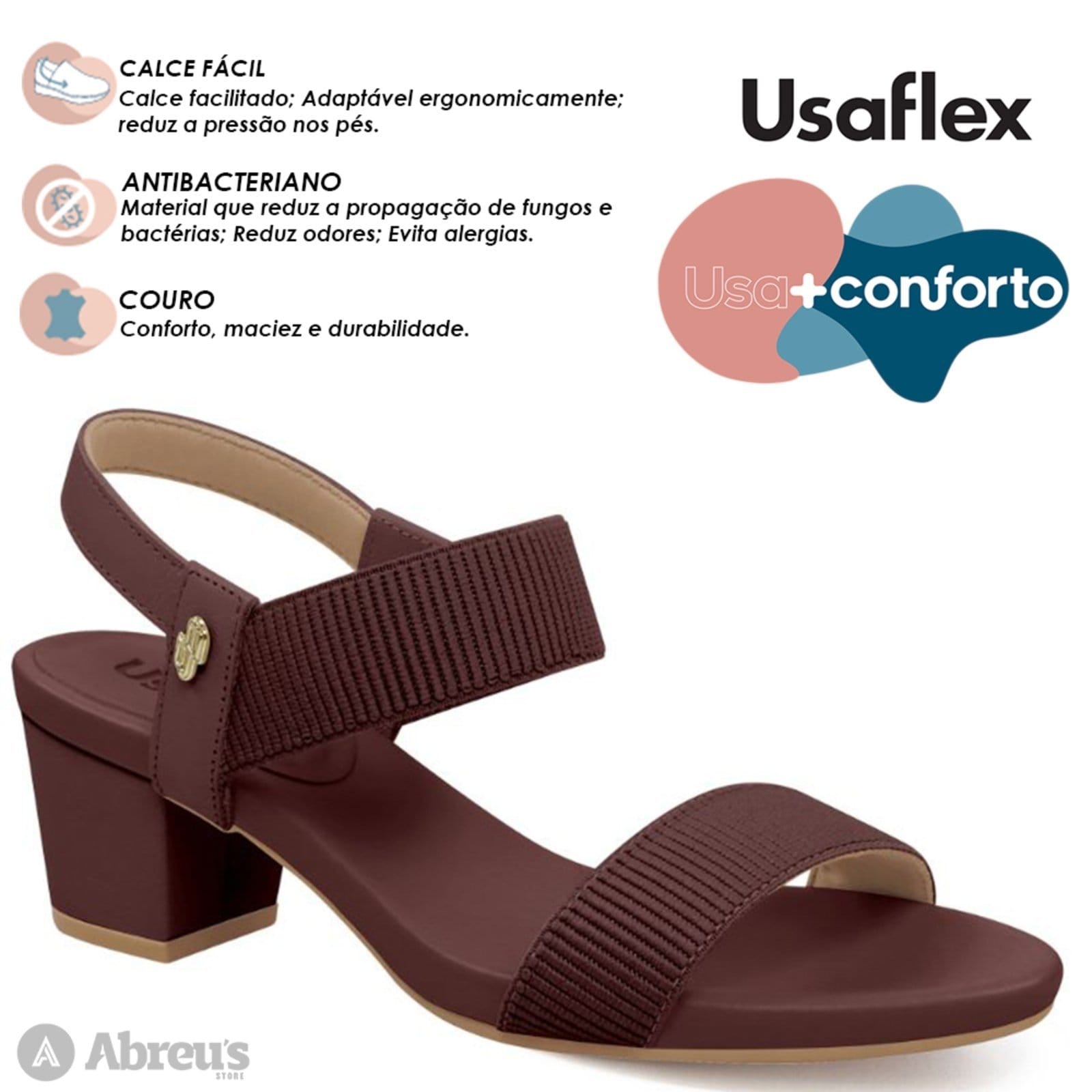 Vista 2 Sandália Salto Bloco Usaflex Elástico Y8204 Conforto Pinhao Usaflex marrom