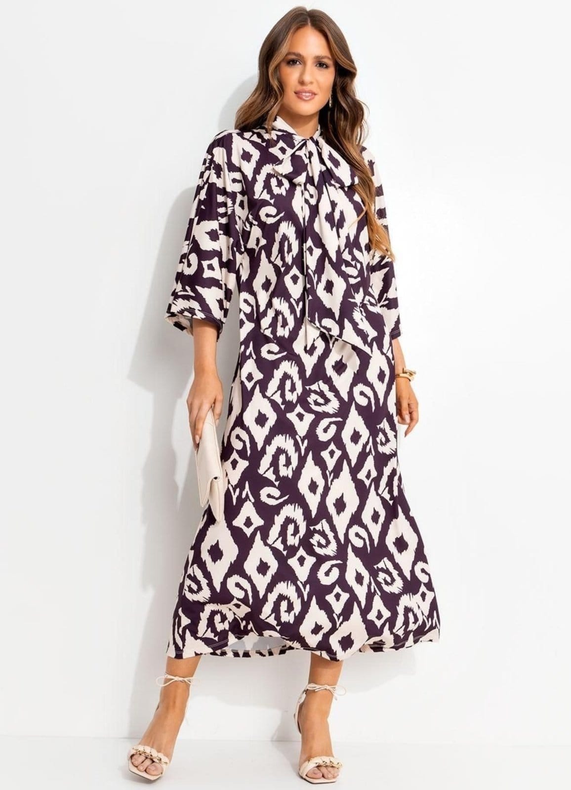 Vestido Feminino Étnico Bicolor Em Malha Fria