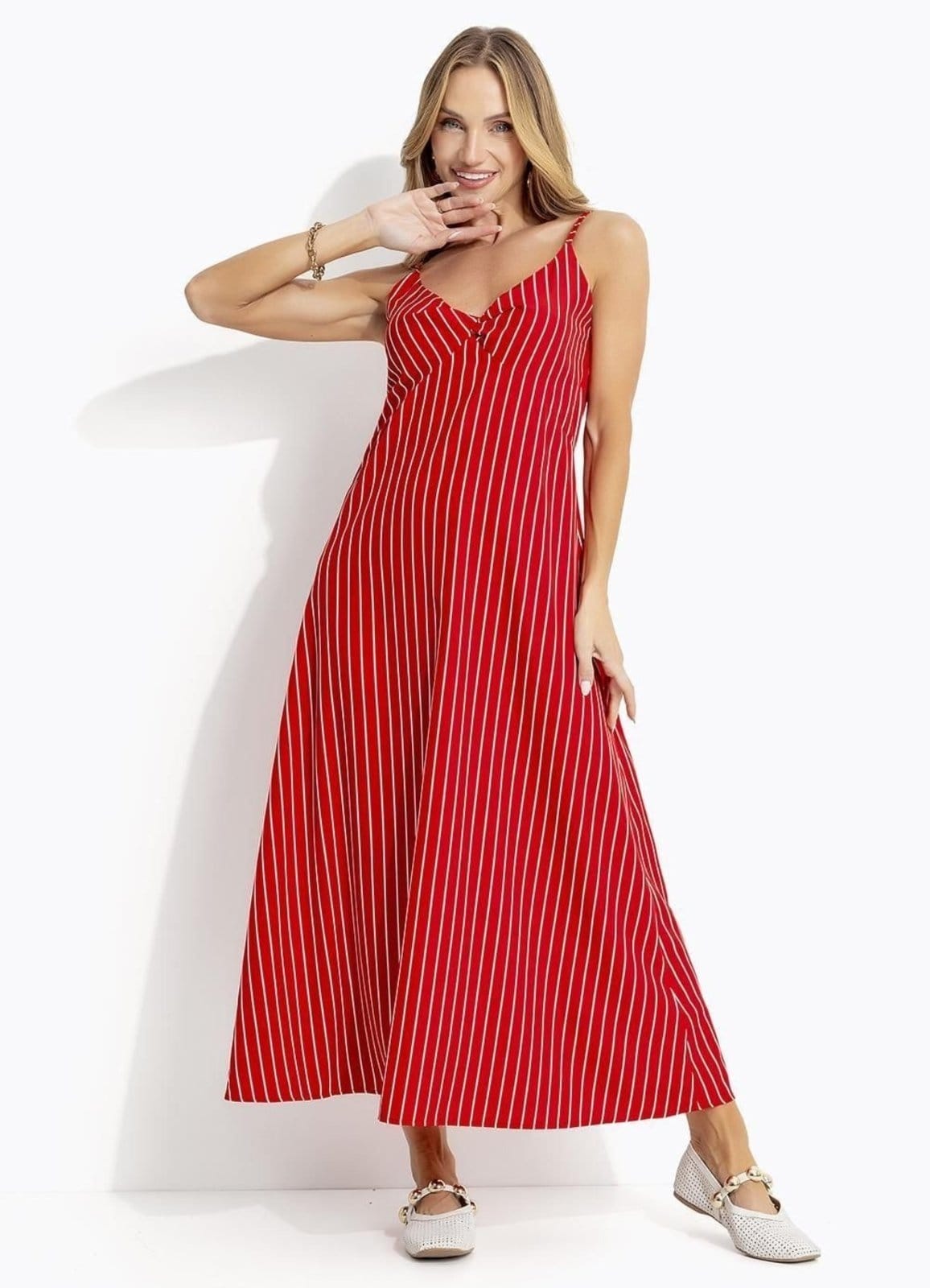 Vestido Em Tecido De Poliéster Listrado