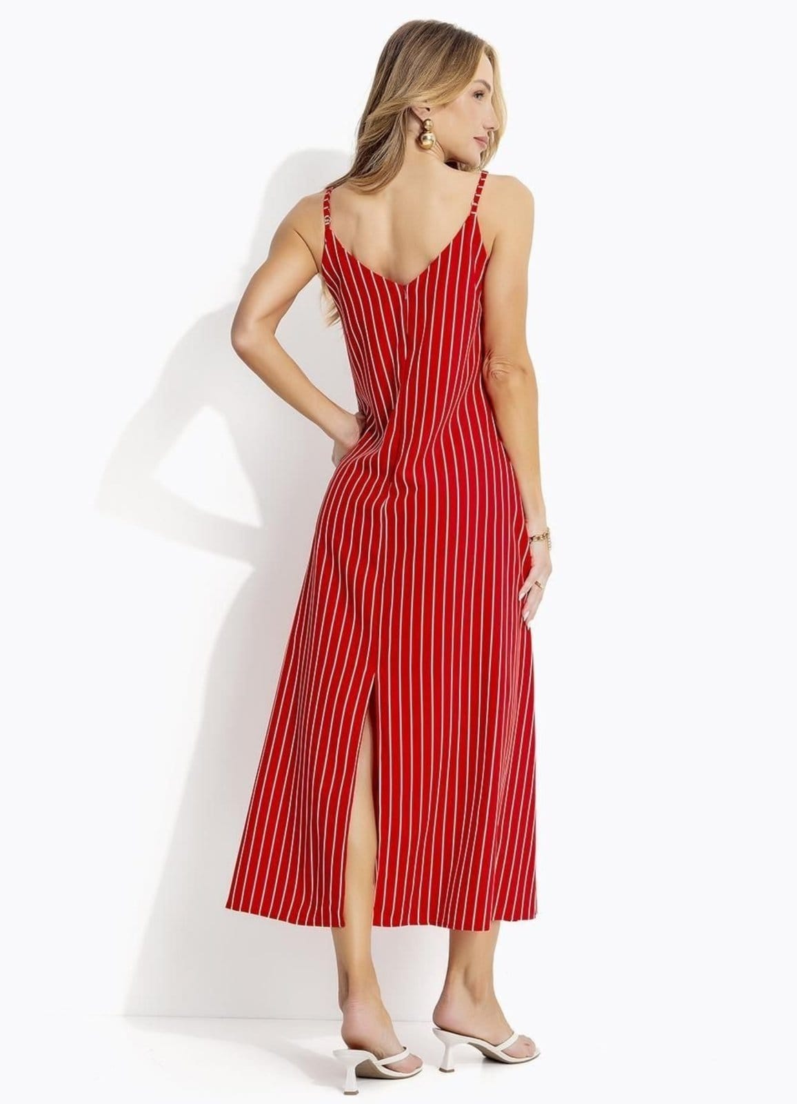 Vista 2 Vestido Em Tecido De Poliéster Listrado Quintess vermelho