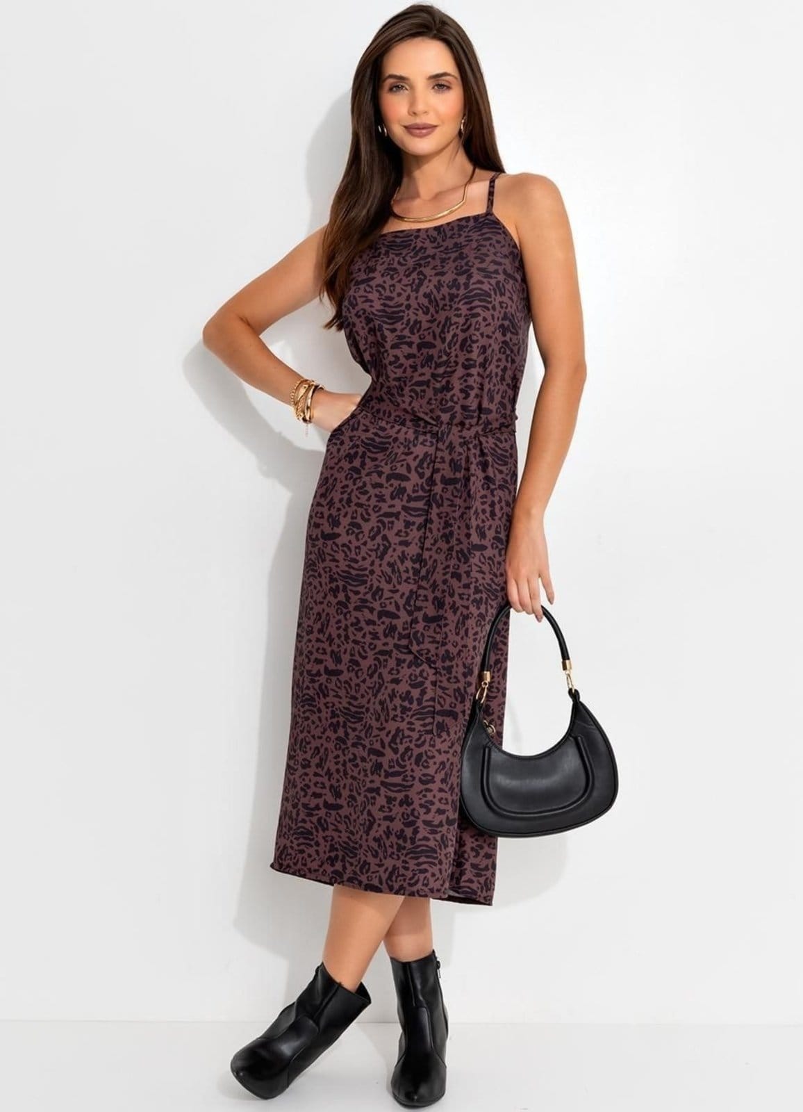 Vestido Feminino Animal Print Em Alfaiataria Sarjada