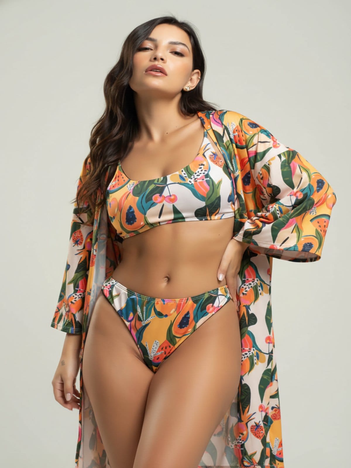 Conjunto Vicbela Biquíni Top Faixa Bojo Removível Fio Duplo Asa Delta + Saída de Praia Kimono Mamão