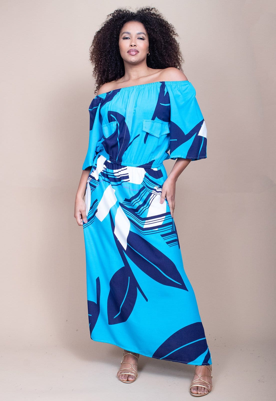 Vestido Midi Cabanafree Ciganinha Viscose com Lapela Estampa Imbé Blue