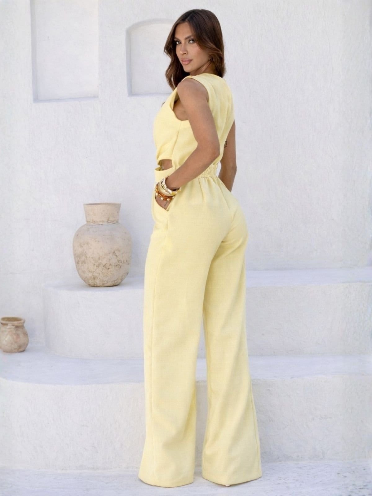 Vista 2 Macacão Feminino Longo Divina Gata Elegant Alfaiataria Sonata DIVINA GATA amarelo