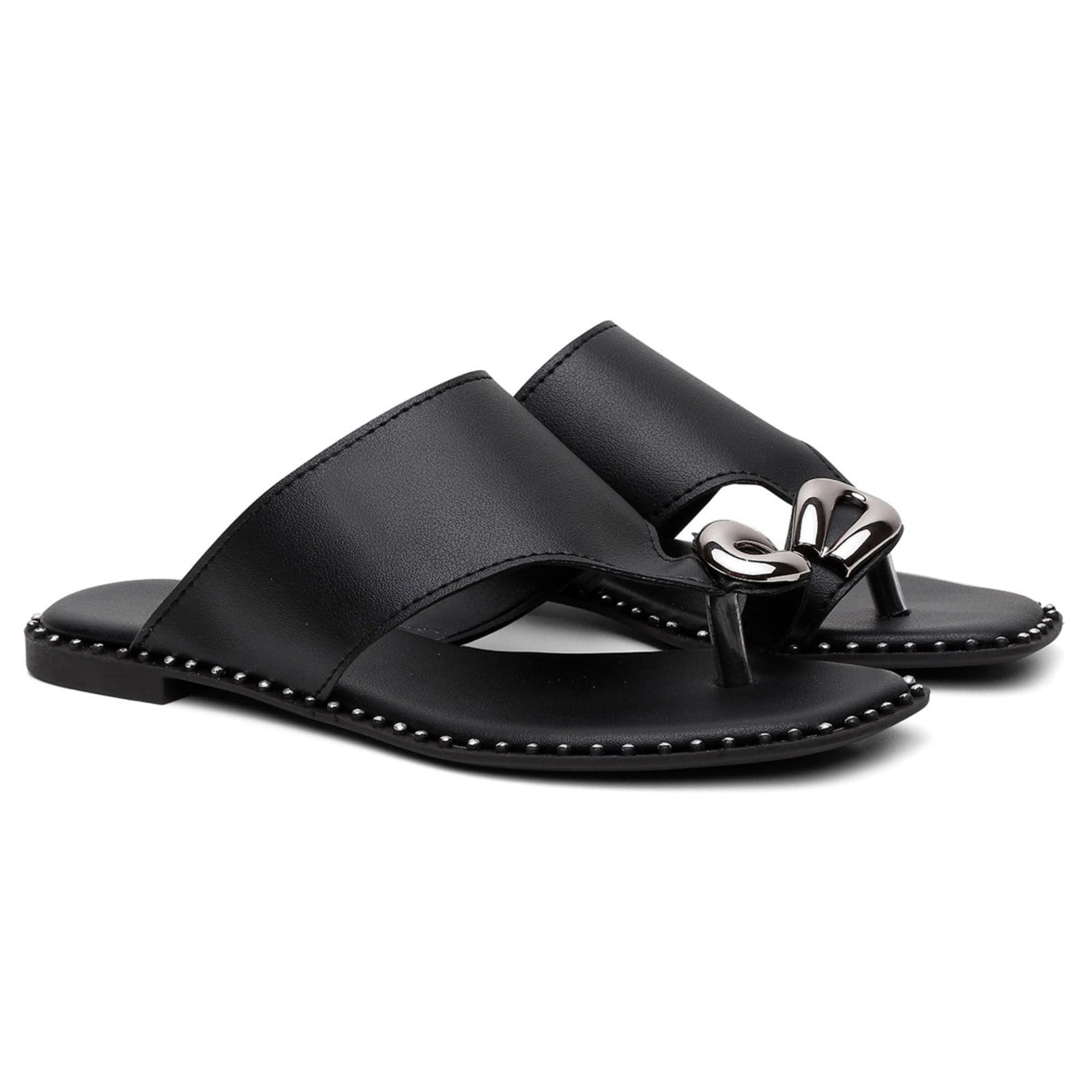 Vista 2 Sandália Feminina Rasteira Aplique Anel Dourado Preta Santa Rosa preto