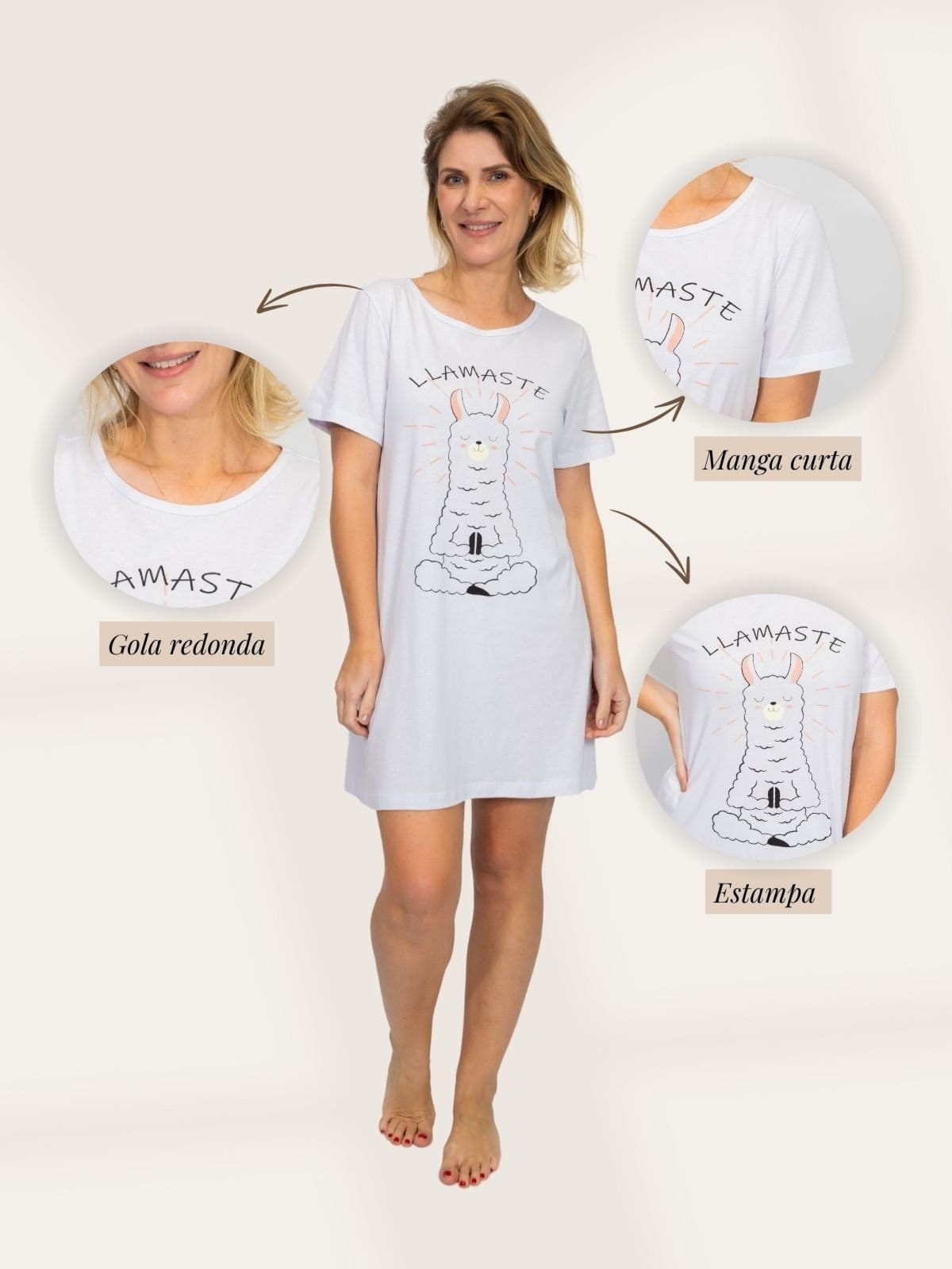Vista 2 Camisola Algodão Feminina Manga Curta Verão Adulto lhamaste Piante branco