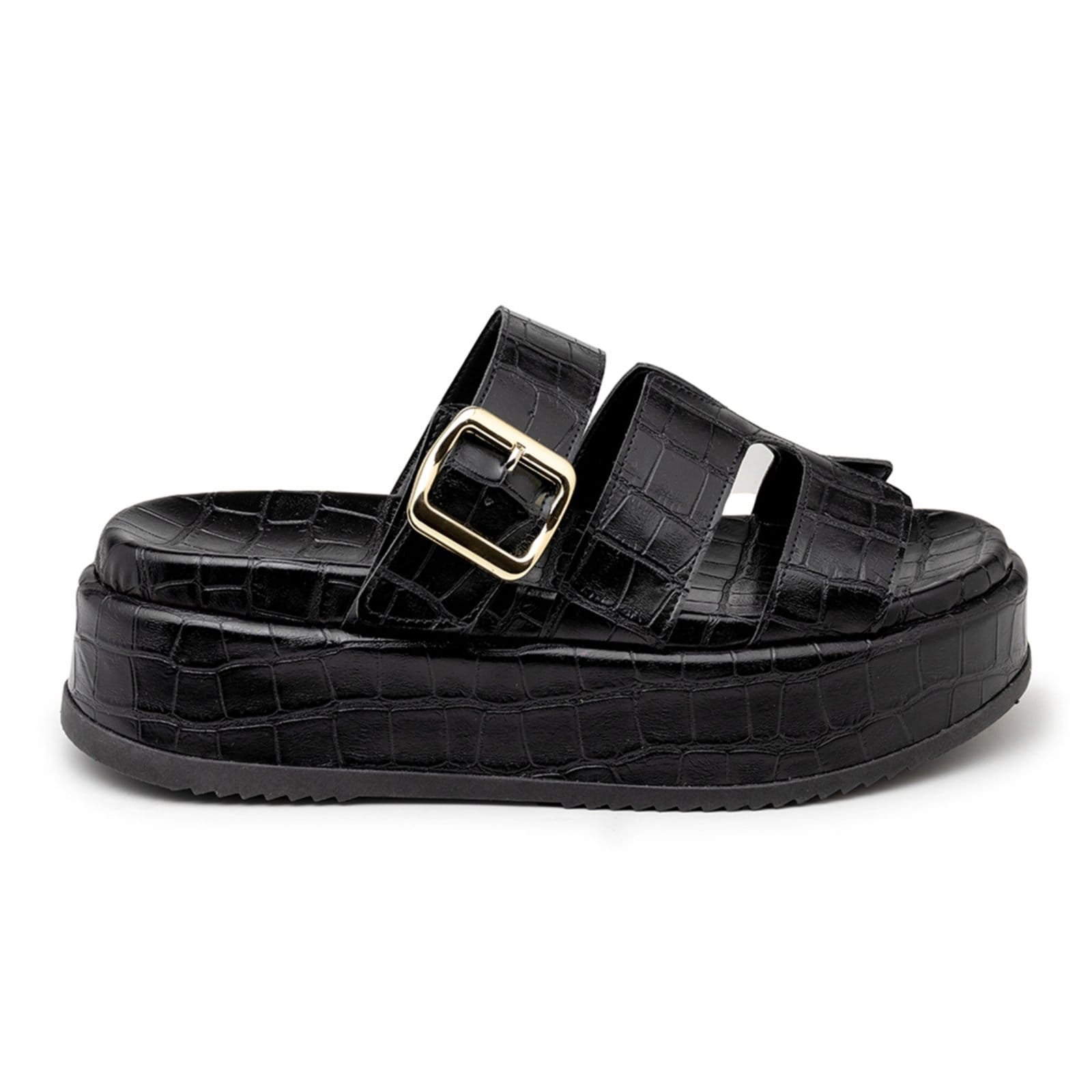 Vista 2 Sandália Feminina Papete Flatform H Tira com Fivela 5301 Croco Flor da Pele preto