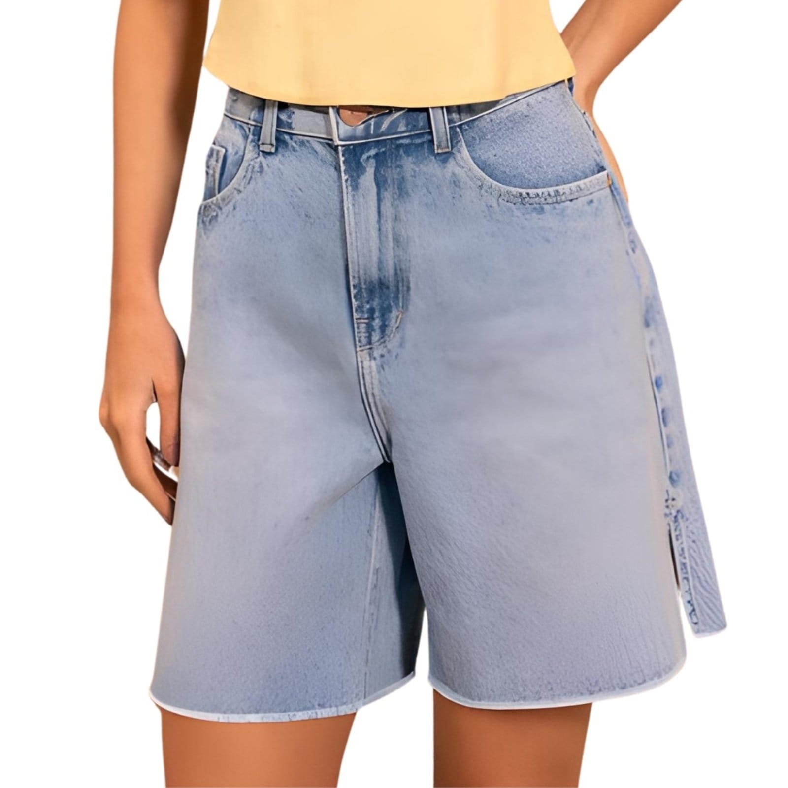 Vista 2 Bermuda Feminina Cintura Alta Aberturas Laterais Claro Lez a Lez jeans